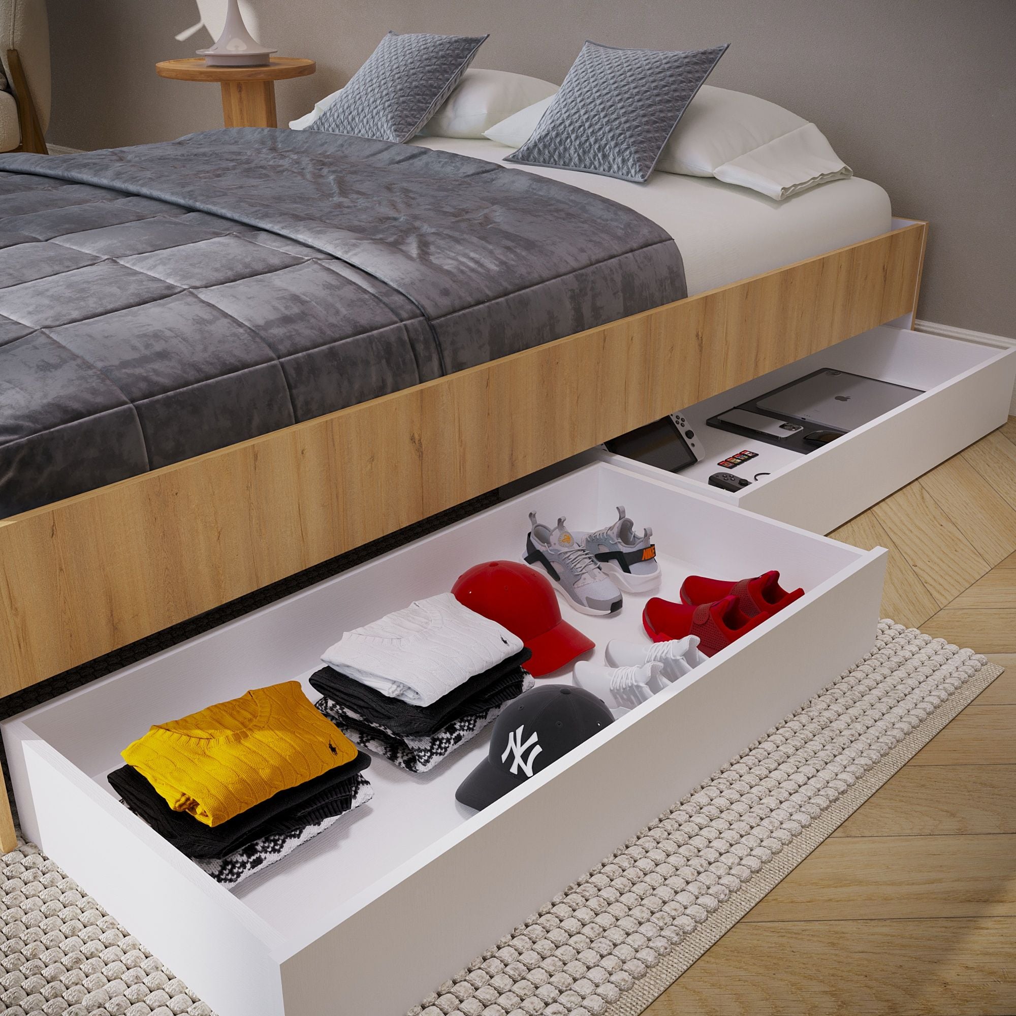 Chicago Bed Frame with Headboard and Storage - 140x190cm Double Size, White - Perfect for Small Bedrooms & Guest Rooms