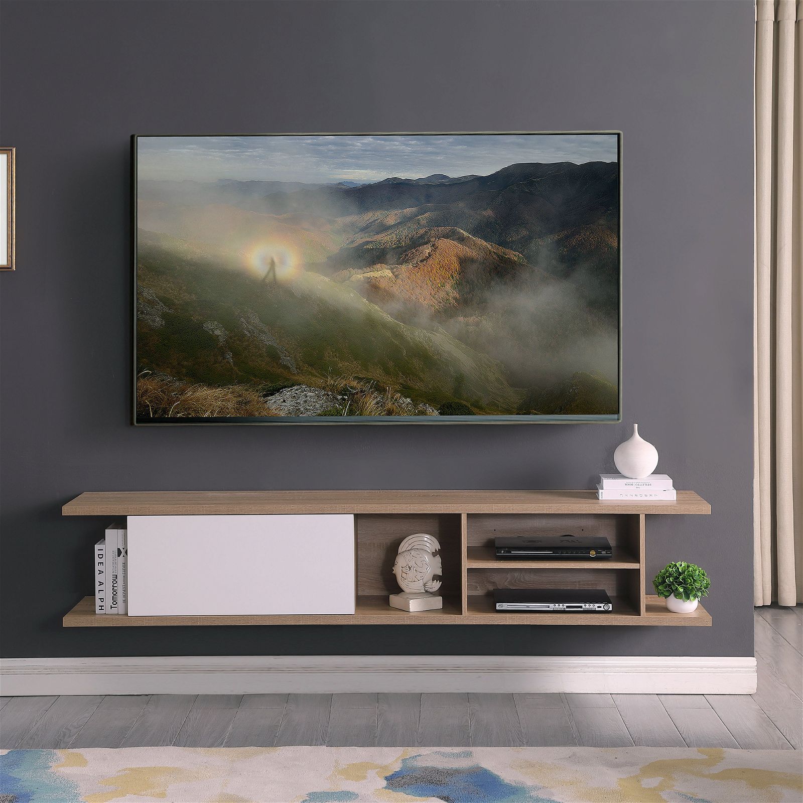 Auldrin 200cm Floating TV Stand with Wall Mount - Modern Oak Entertainment Center for Living Room - Perfect for Home Theater Setup & Space Saving Design