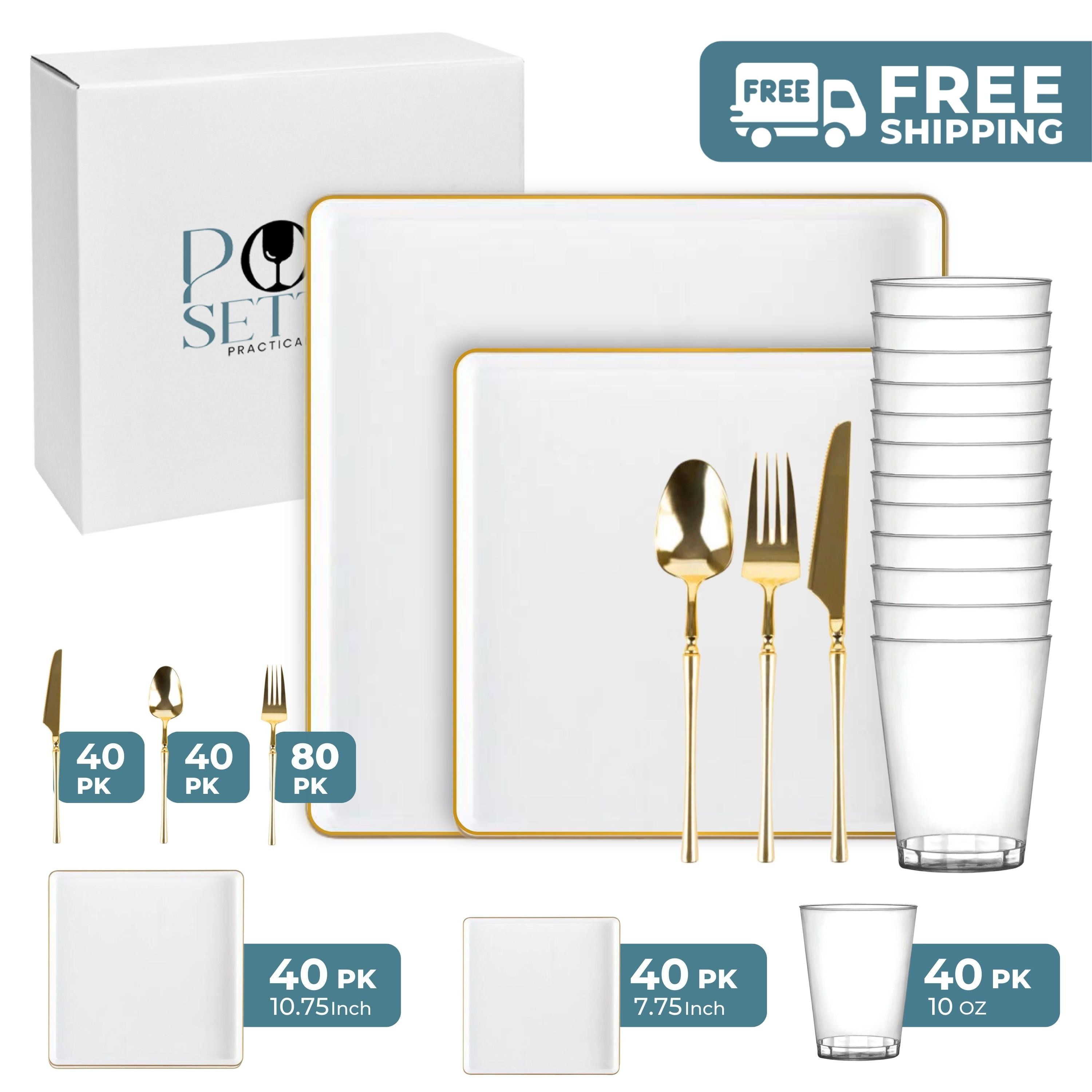 White and Gold Plastic Party Bundle - Square Edge Plates, Cups & Cutlery Set - Perfect for Birthday, Wedding & Holiday Celebrations