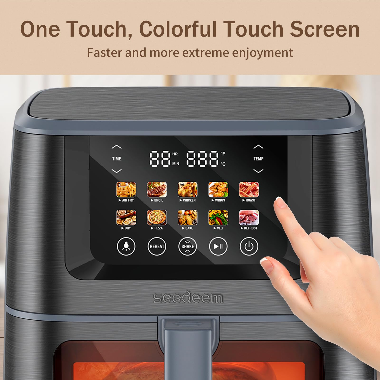 SEEDEEM Max XL 8-Quart Air Fryer Toaster Oven Combo - 10-in-1 Multi-Function Countertop Convection Oven with LCD Touchscreen, ClearCook Window for Baking, Roasting, Broiling, Dehydrating (Gray) - Perfect for Family Cooking, Healthy Meals & Party Snacks