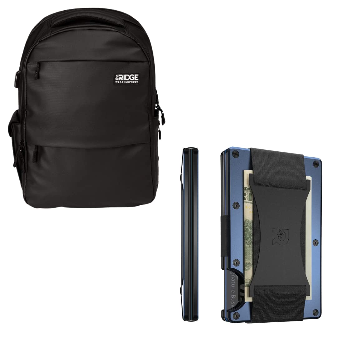 The Ridge Minimalist Slim RFID Blocking Wallet for Men with Cash Strap - Navy | The Commuter Waterproof Anti-Theft Laptop Backpack with RFID Protection - Black | Perfect for Travel, Work & Everyday Carry