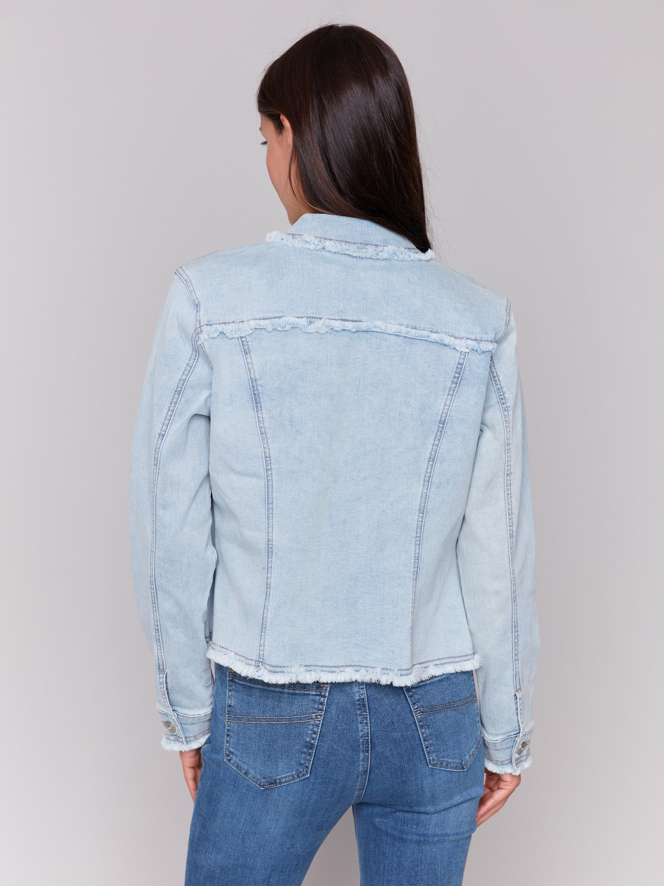 Frayed Edge Stretch Denim Jacket - Bleach Blue Wash | Distressed Denim Coat for Women | Perfect for Casual Outfits, Street Style & Fall Layering