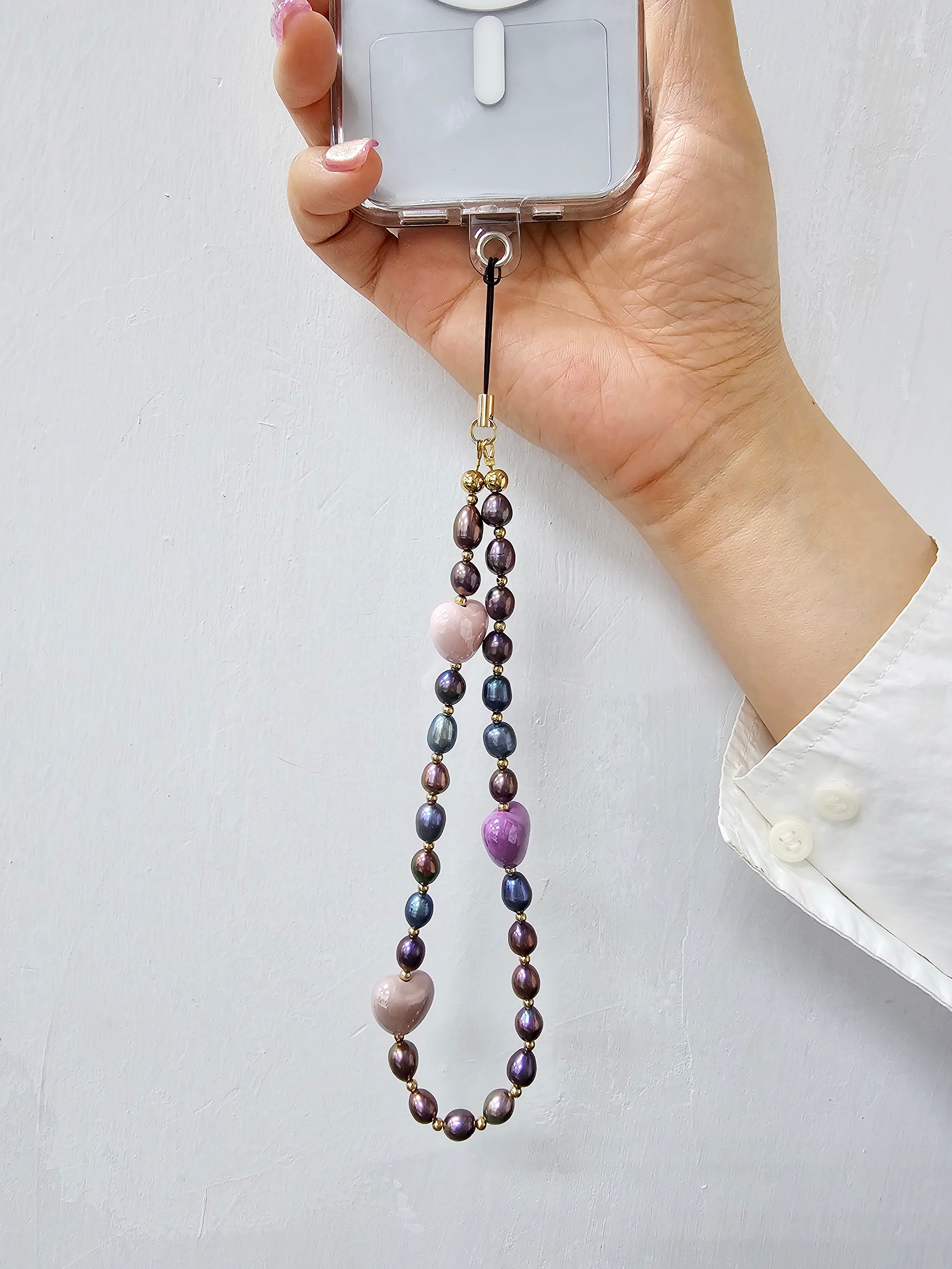 Elegant Purple Freshwater Pearl with Pink Heart Charm Phone Strap - Perfect for Smartphones, Keychains & Gift Giving