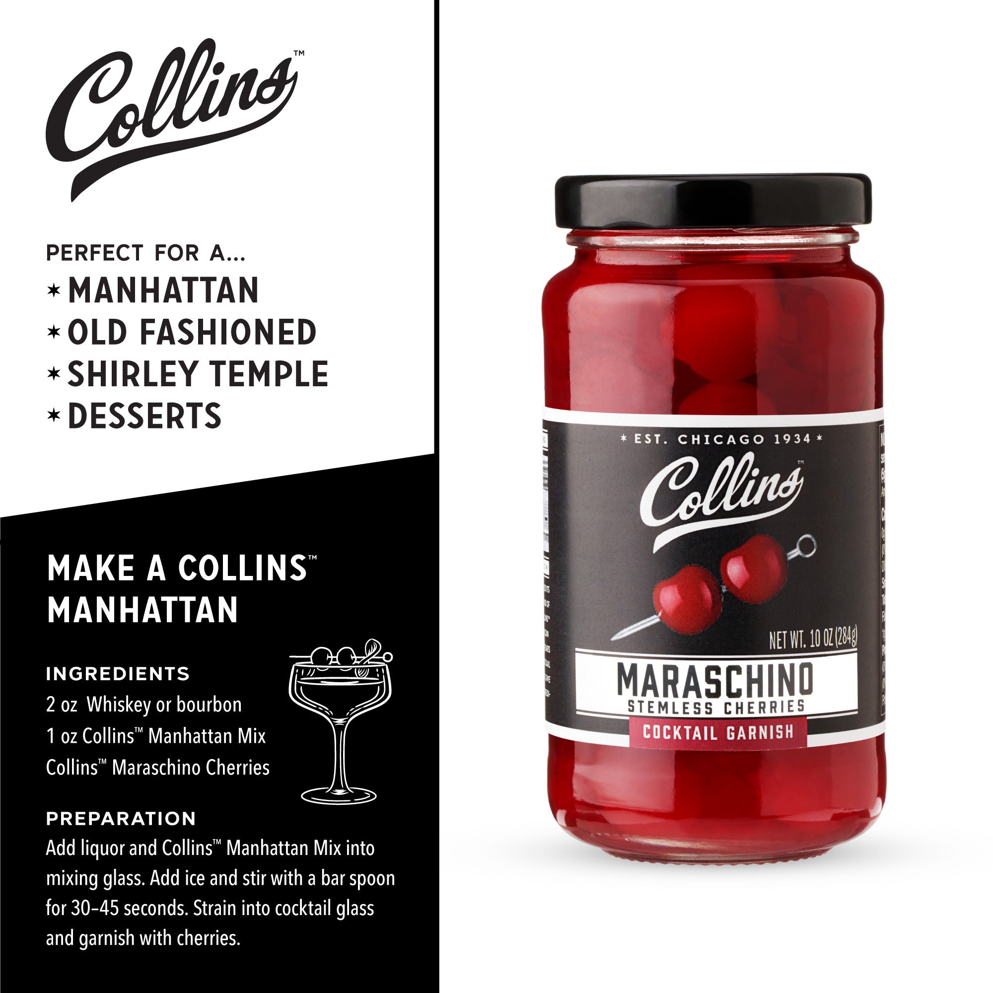 Premium Stemless Cocktail Cherries 10 oz - Luxe Maraschino Cherries for Cocktails, Desserts & Garnishes - Perfect for Old Fashioned, Manhattan & More