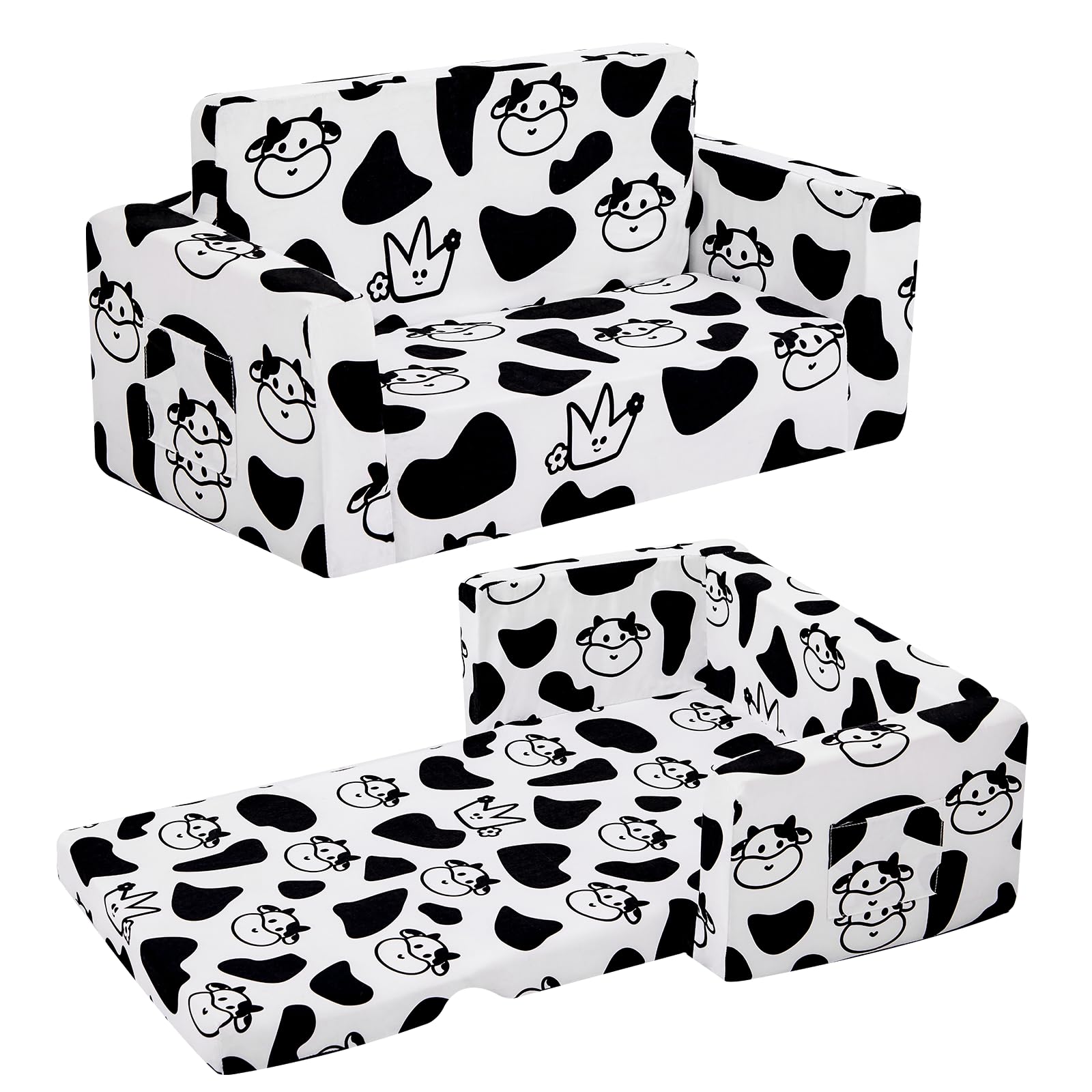 Convertible Toddler Sofa Bed for Kids - Soft Mini Couch Chair for Playroom & Nursery, Foldable Kids Furniture for Boys & Girls (Cow Print, Large Size) - Perfect for Playtime, Naps & Reading Corner