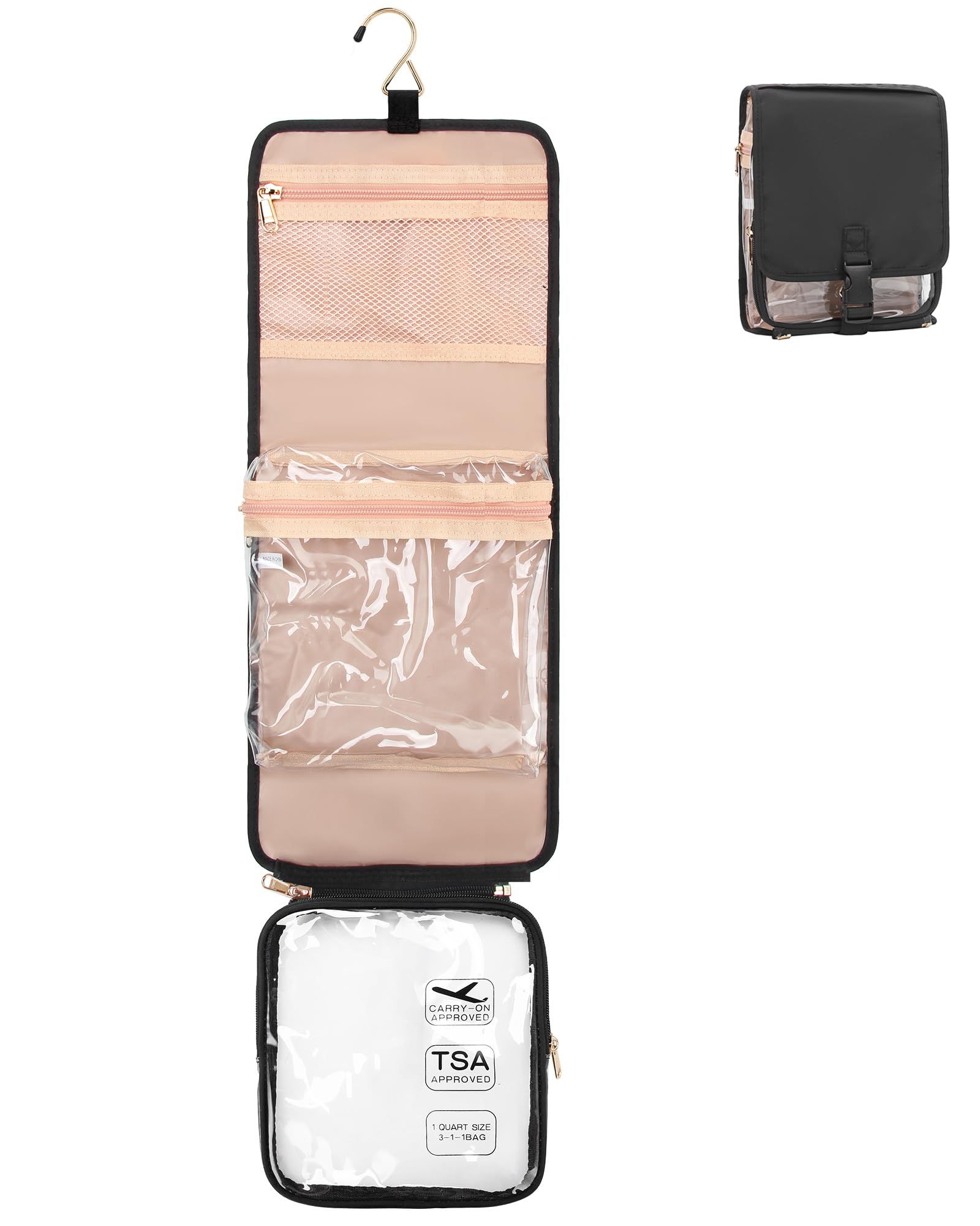 Relavel Travel Toiletry Bag for Women - TSA Approved Detachable Hanging Cosmetic Bag, Compact Waterproof Clear Carry On Organizer for Toiletries (Small, Black) - Perfect for Air Travel, Camping & Gym Essentials