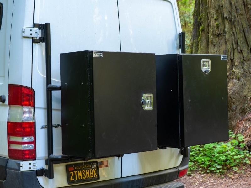 Aluminess Rear Door Tire and Box Carrier for Mercedes Sprinter Van (2007-2018) - Heavy Duty Off-Road Accessory for Camping & Overlanding Adventures