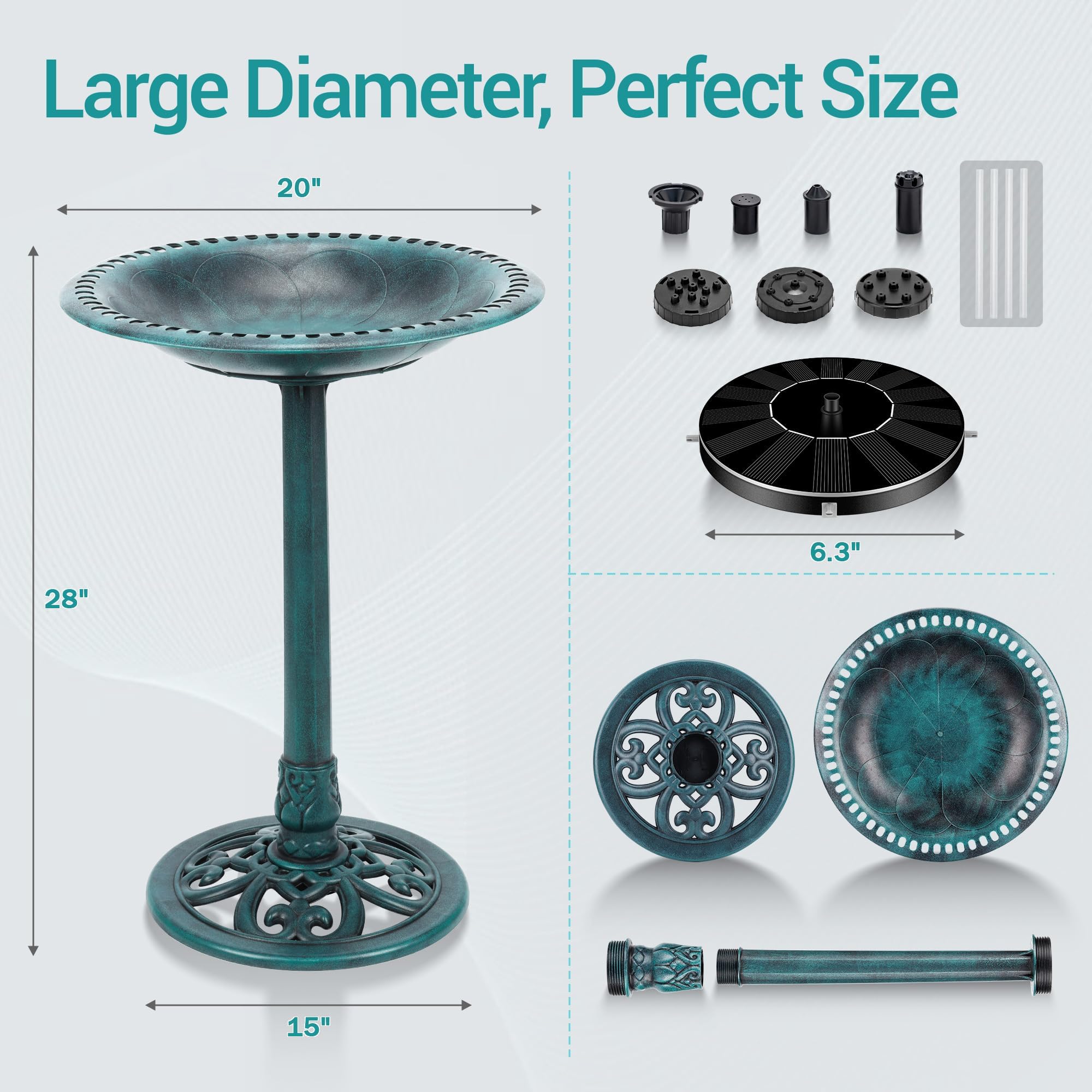 28 Inch Solar Powered Fountain Bird Bath - Antique Polyresin Standing Birdbath for Outdoor Garden Decor, Green - Perfect for Attracting Birds to Your Backyard or Patio