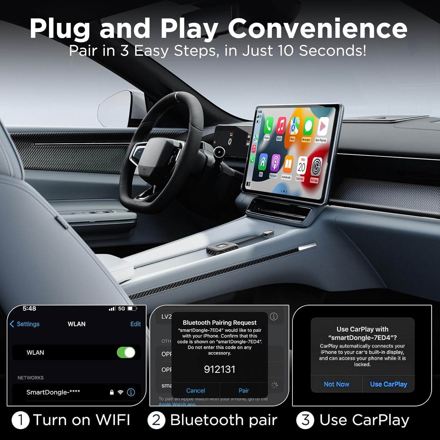 Wireless CarPlay Adapter for iPhone - Plug & Play for Cars with Wired CarPlay (Carbon) - Upgrade Your Drive
