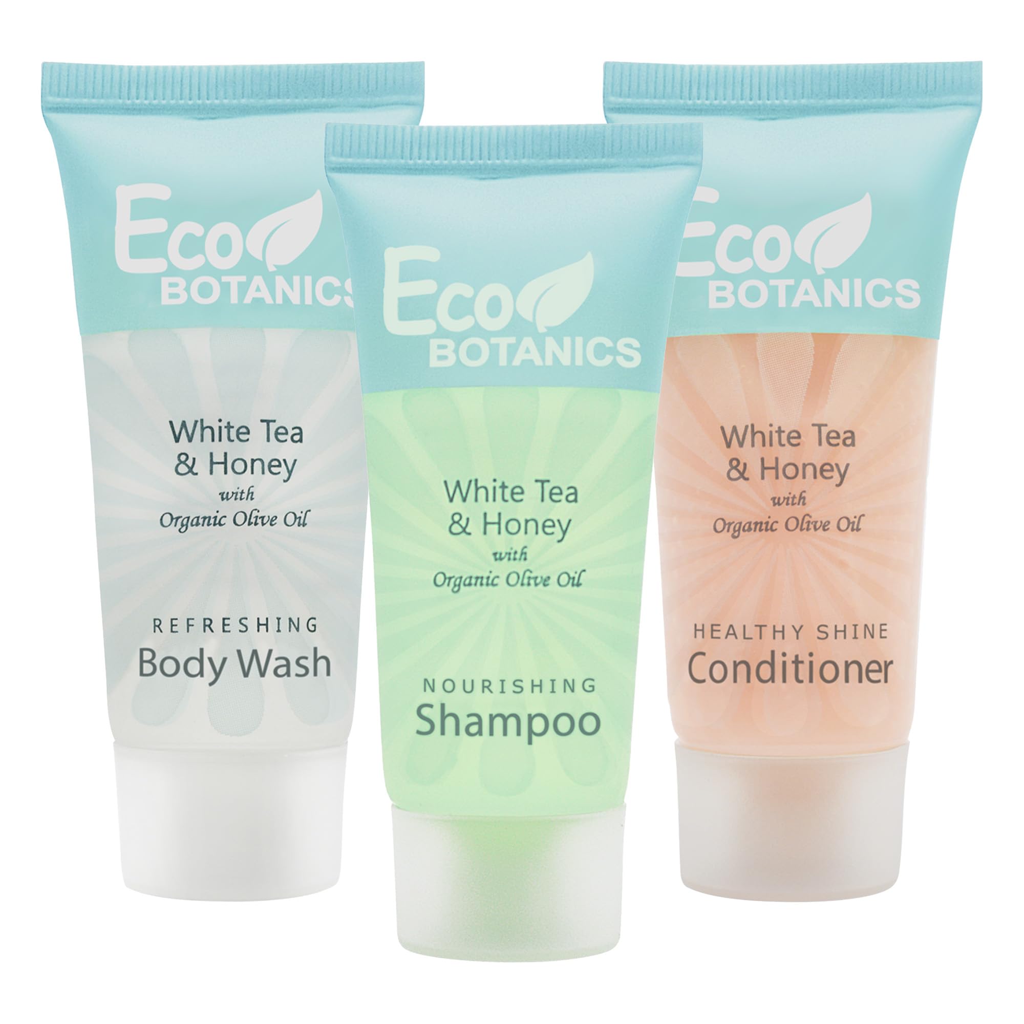 Eco Botanics Travel-Size Hotel Shampoo, Conditioner & Body Wash Set - .85 oz (Pack of 300) | Bulk Toiletries for Hotels, Gyms, Spas & Travel Essentials