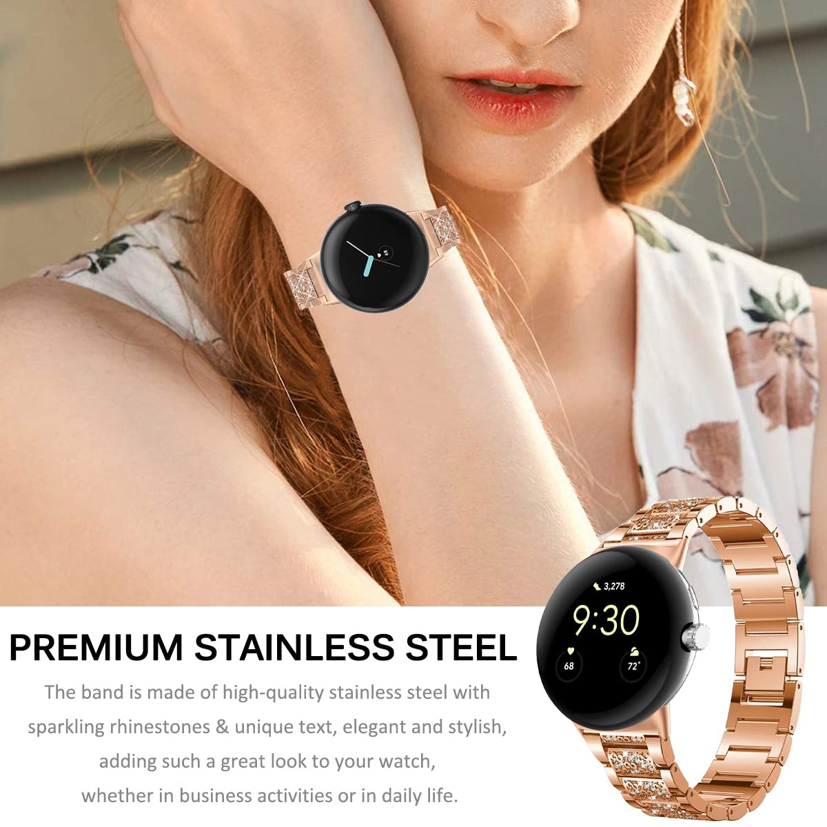 Miimall 41mm Bling Diamond Rhinestone Stainless Steel Band for Google Pixel Watch 3/2 (2024) - Elegant Replacement Strap for Women, Night Out & Special Occasions