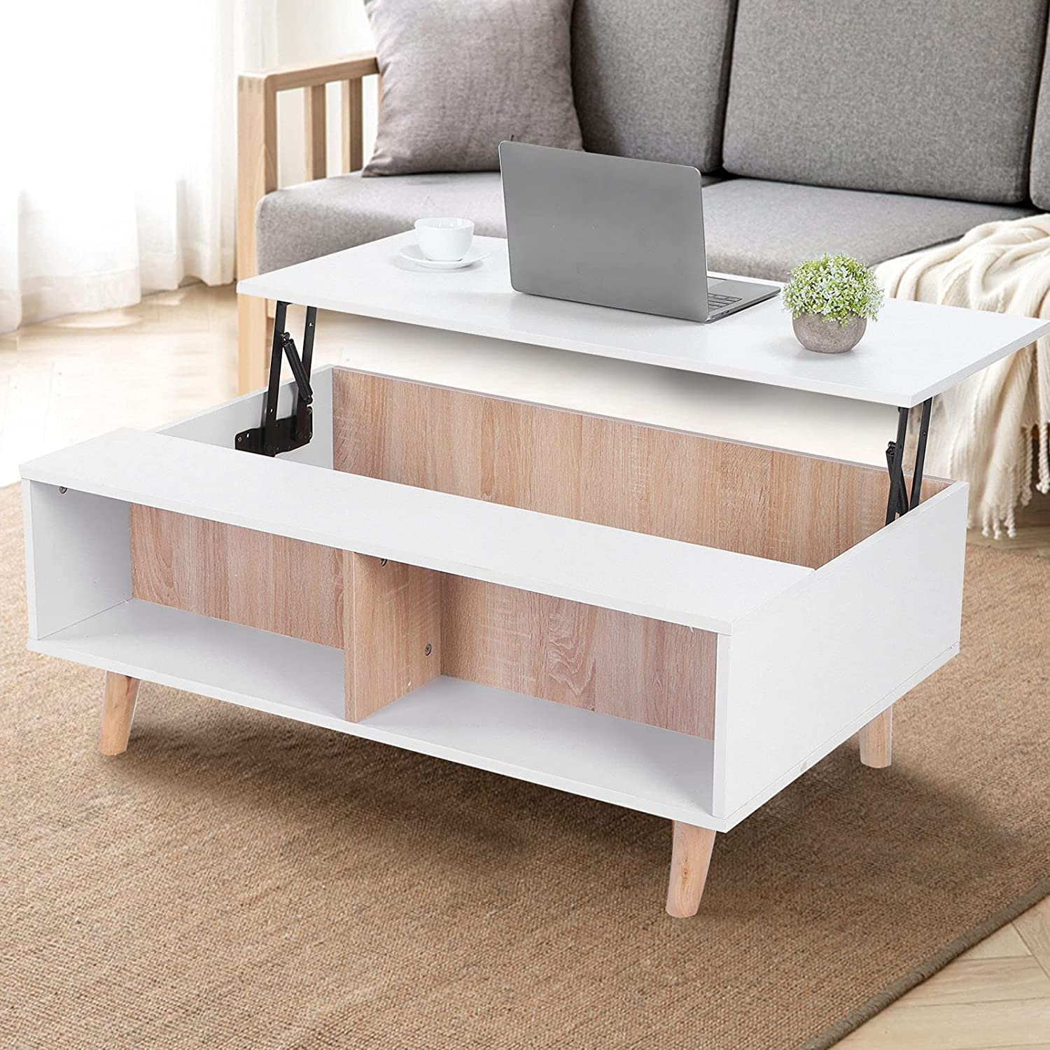 Lift-Top Coffee Table with Hidden Storage & Open Shelf - Solid Wood Lift-Up Design, Large Capacity MDF End Table for Living Room & Office - Perfect for Small Spaces, Home Decor & Entertaining