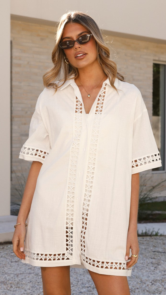 Halia Mini Shirt Dress for Women - Stylish White Casual Summer Dress for Outing, Beach, Party & Daily Wear