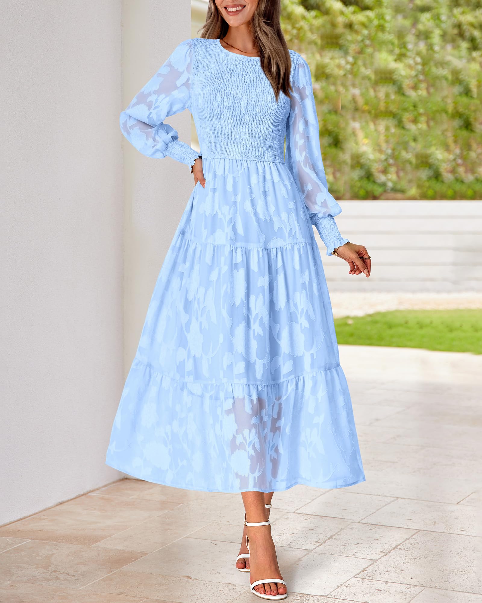 BTFBM Elegant Floral Midi Dress for Women - Long Sleeve Bohemian Wedding Guest Dress - Spring 2025 Casual Flowy Dress for Garden Parties, Bridal Showers & Special Occasions