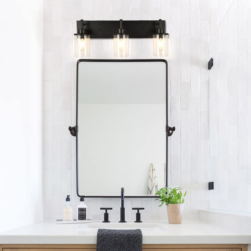 3-Light Vanity Light Fixtures - Matte Black Modern Bathroom Sconce with Clear Glass Shade for Mirror Lighting | Perfect for Bathroom, Powder Room & Dressing Room Makeup Area