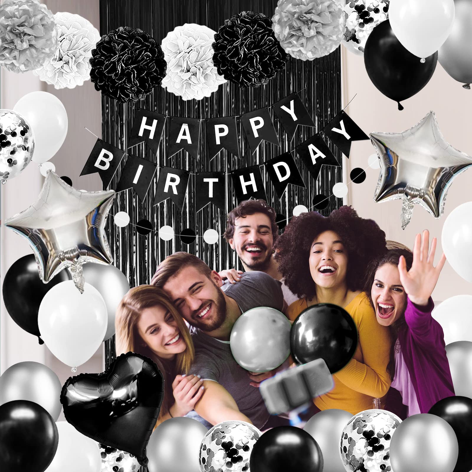 Black and White Birthday Party Decorations Set - Happy Birthday Banner, Fringe Curtains & Pompom Flowers for Men, Women, Boys & Girls | Elegant Black & Silver Theme for Adult Birthdays, Milestone Celebrations & Gender Reveal Parties