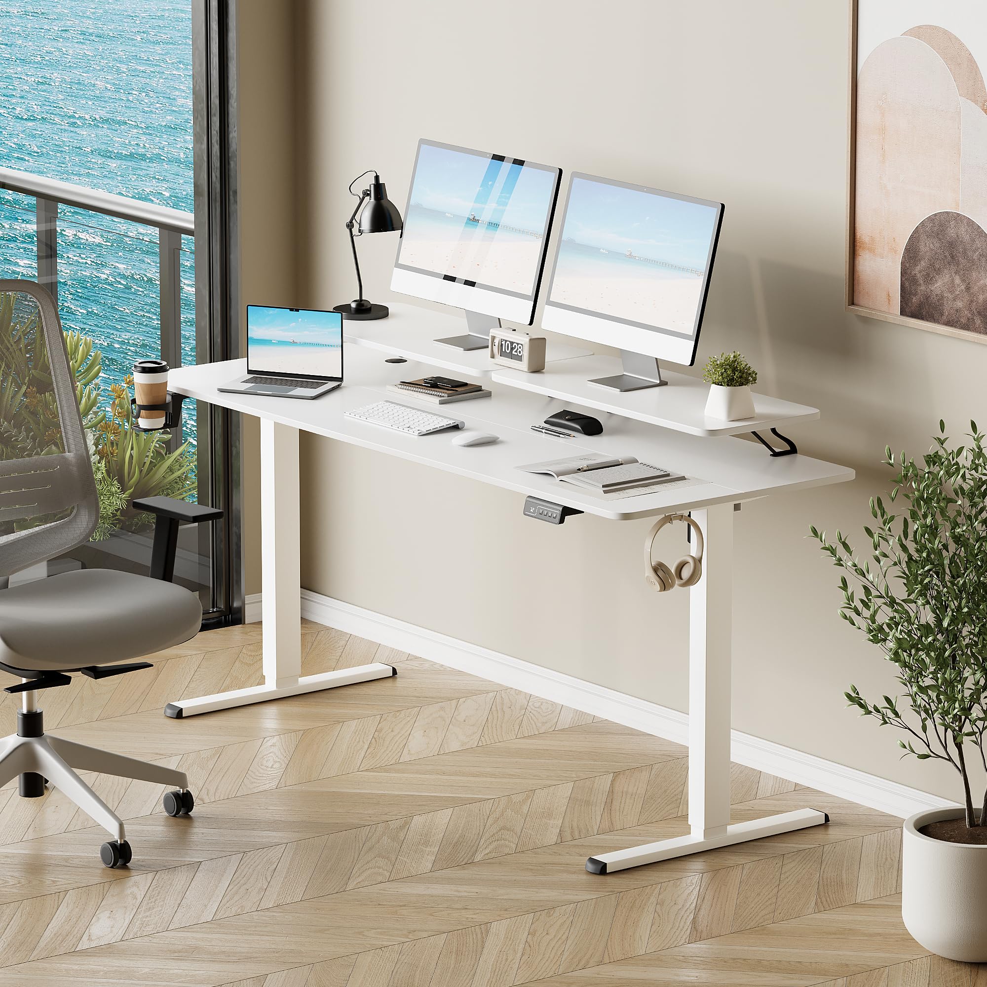 Furmax 63 x 24 Inches Electric Height Adjustable Standing Desk with Monitor & Laptop Workstation - White Sit Stand Desk with Cable Management Holes, Cup Holder & Hook - Perfect for Home Office, Gaming Setup & Remote Work