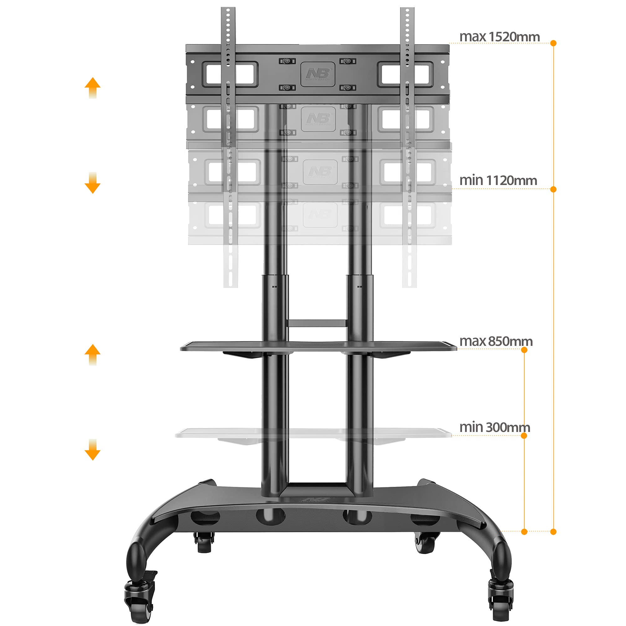 North Bayou Mobile TV Cart Rolling Stand with Wheels for 32-75 Inch LCD LED OLED Plasma Flat Screens up to 100lbs - AVA1500-60-1P (Black) | Perfect for Living Room, Bedroom, or Office TV Setup