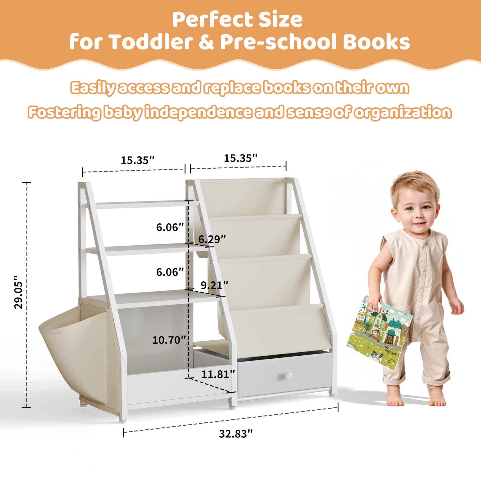 White Kids Bookshelf & Toy Storage Organizer - Montessori Bookcase for Nursery, Toddler Room & Playroom - Perfect for Organizing Books, Toys & Learning Materials