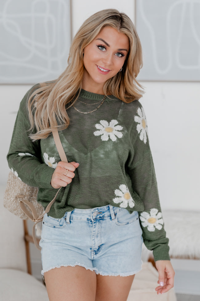 Oops A Daisy Olive Green Daisy Print Sweater - Women's Floral Knit Pullover for Fall & Winter | Cozy Casual Wear for Outings & Layering