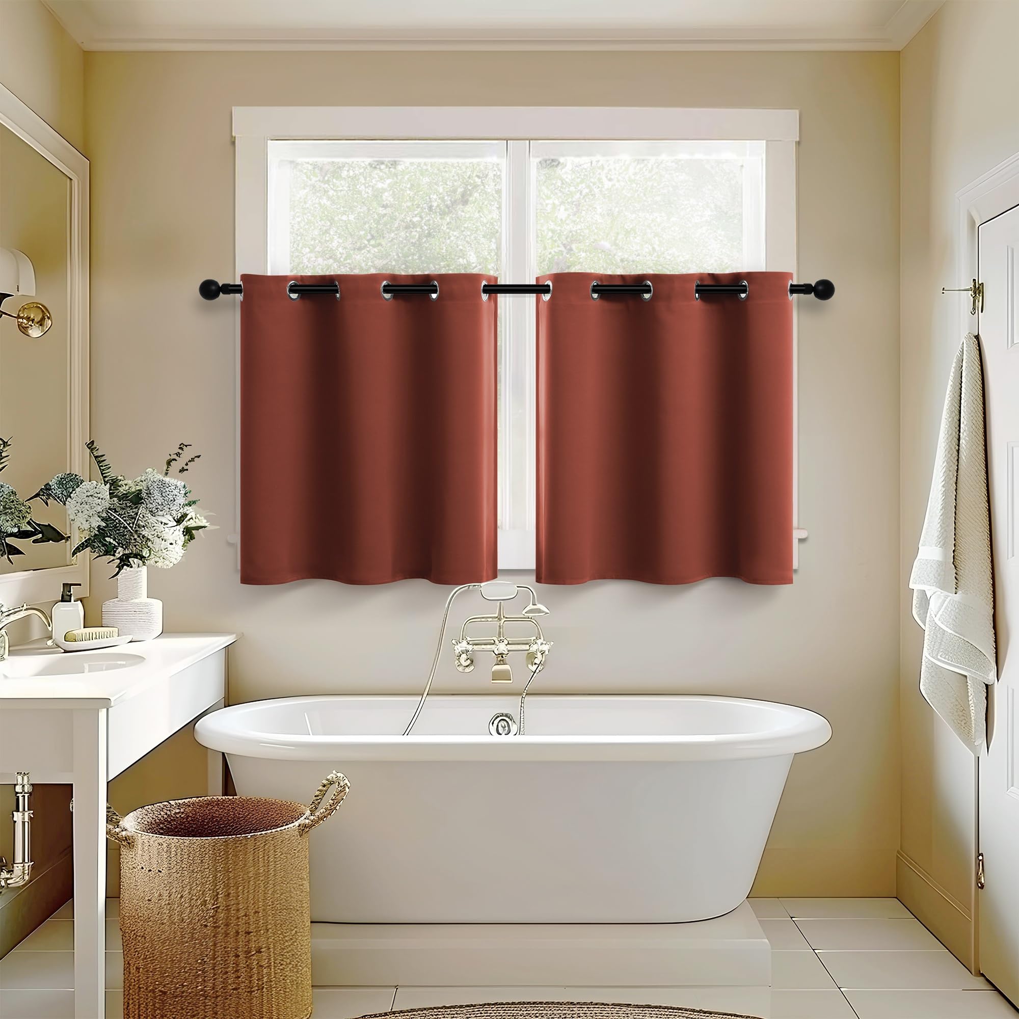 Burnt Orange Pumpkin Rust Short Blackout Curtains - 24 Inch Length for Kitchen, Bathroom, Camper & RV - Room Darkening Grommet Cafe Curtains in Terracotta, Ochre & Tangerine - Perfect for Fall Decor, Cozy Home & Seasonal Window Treatments
