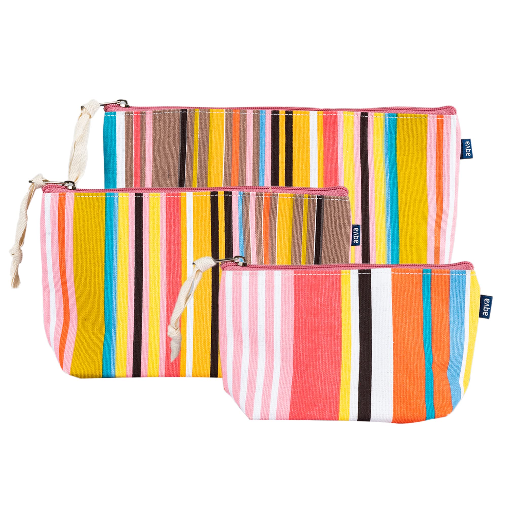 AQVA 3-Pack Printed Cotton Canvas Pouch - Waterproof Makeup Bag, Travel Toiletry Organizer, Beach Essentials Storage for Women & Men (Stripe) | Perfect for Cosmetics, Jewelry, Stationery & Travel Accessories