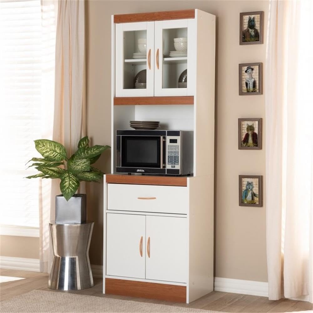 BOWERY HILL Modern White and Cherry Kitchen Pantry Cabinet with Hutch & Storage Drawer - Perfect for Small Space Organization, Farmhouse Decor, and Kitchen Storage Solutions
