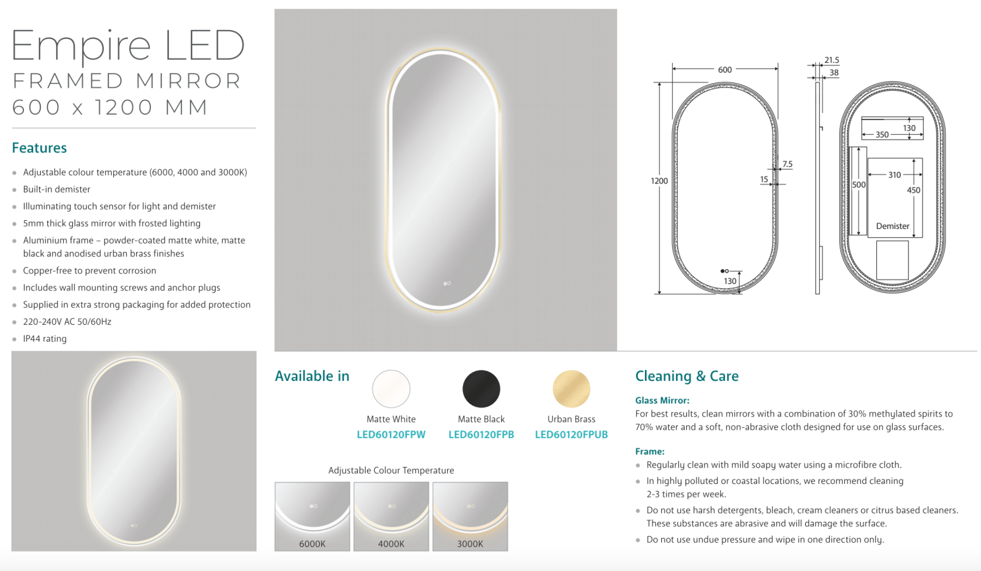 Fienza LED60120FPUB Empire LED Urban Brass Framed Mirror - 24