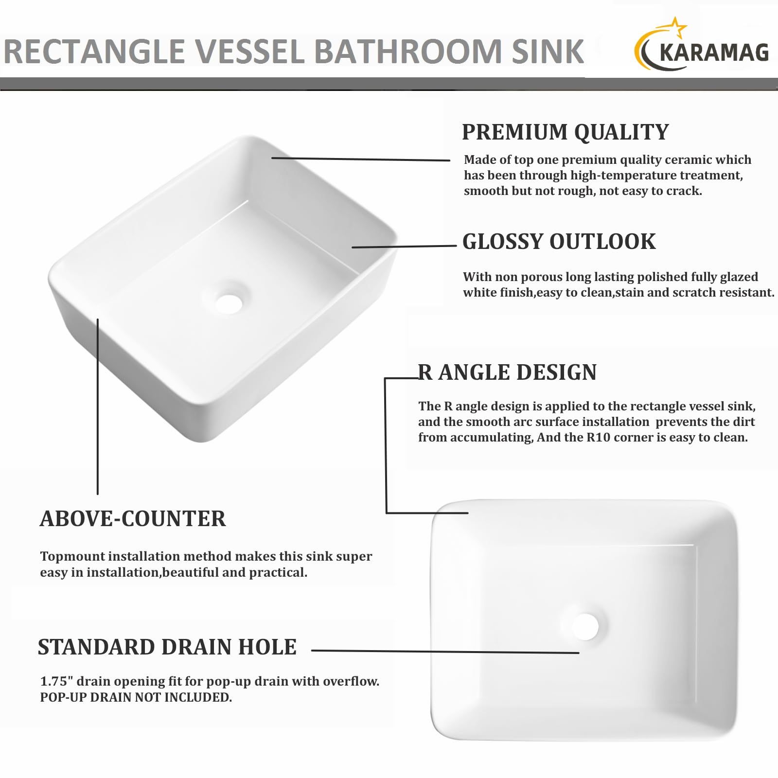 KARAMAG 19x15 Inch White Porcelain Rectangular Vessel Sink - Modern Above Counter Bathroom Vanity Sink for Contemporary Homes & Luxury Hotels | Perfect for Master Bathrooms, Guest Suites & Spa Retreats
