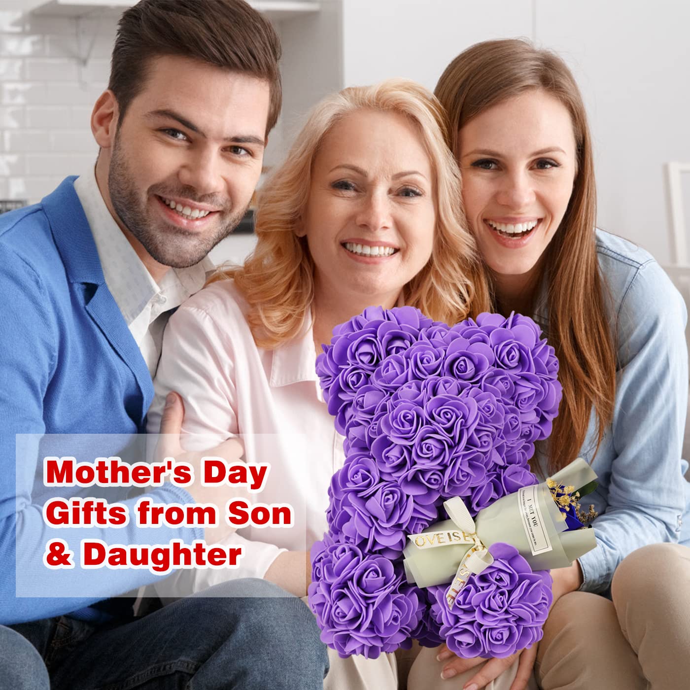 Purple Rose Bear Gift Set - Artificial Rose Teddy Bear with Bouquet & Greeting Card for Mother's Day, Birthday, Anniversary | Perfect Gift for Women, Wife, Mom, Grandma | Home Decor, Wedding Centerpiece, Romantic Present