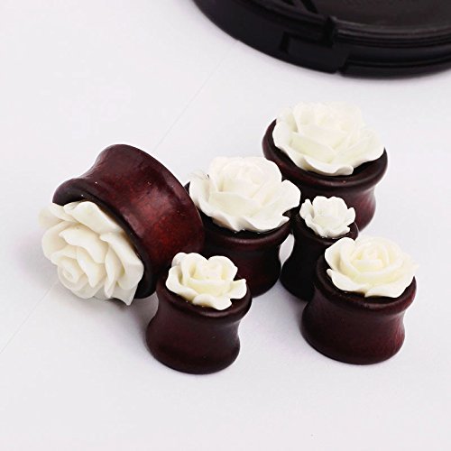 Natural Bamboo Wood Hollow Ear Plugs - White Rose Flower Ear Tunnels for Women | Boho Chic Body Jewelry for Pierced Ears | Perfect for Concerts, Festivals & Everyday Wear