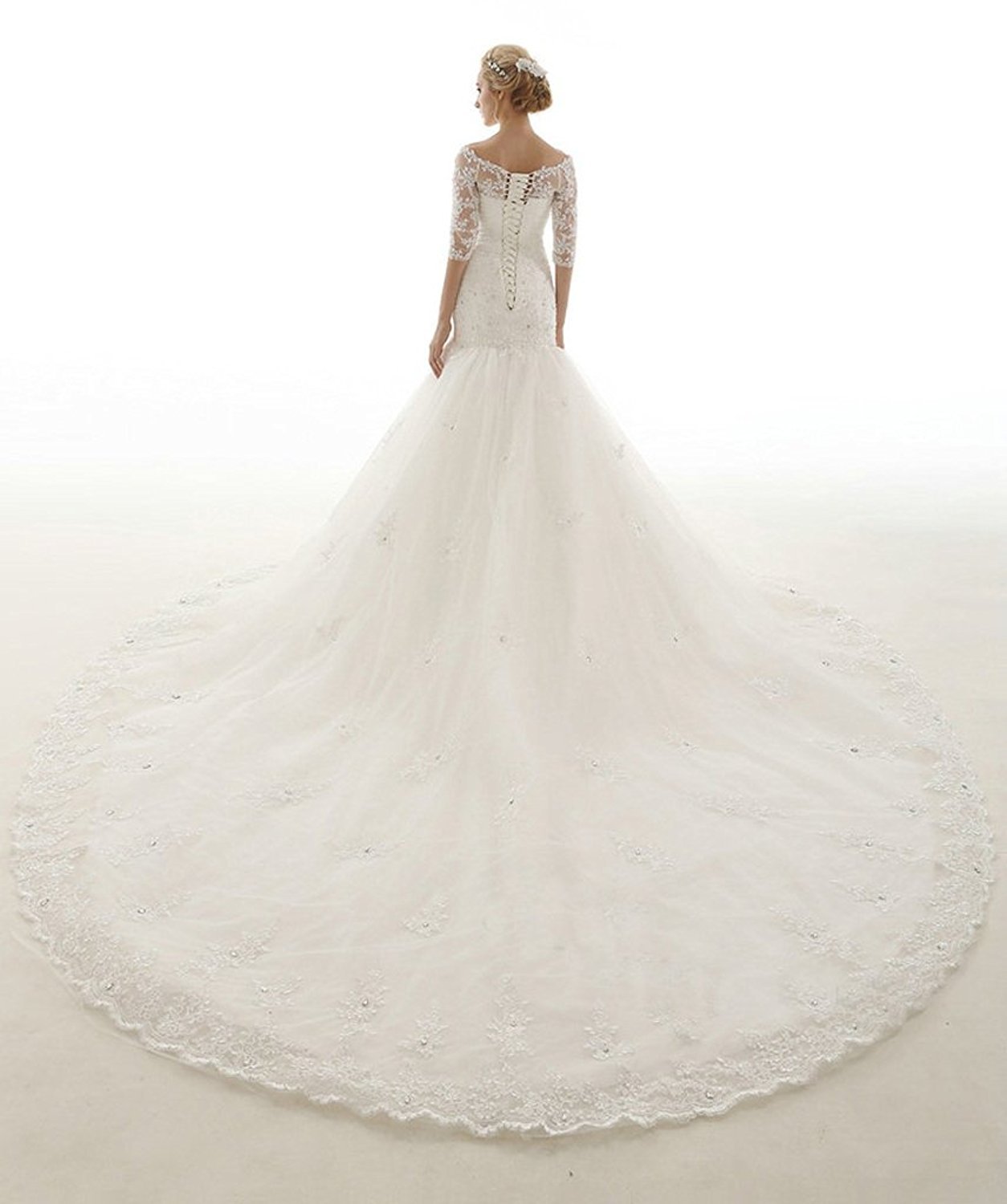 Sarahbridal Women's Mermaid Lace Tulle Beaded Wedding Dress with Long Chapel Train - Elegant Bridal Gown for Beach, Church, and Formal Weddings