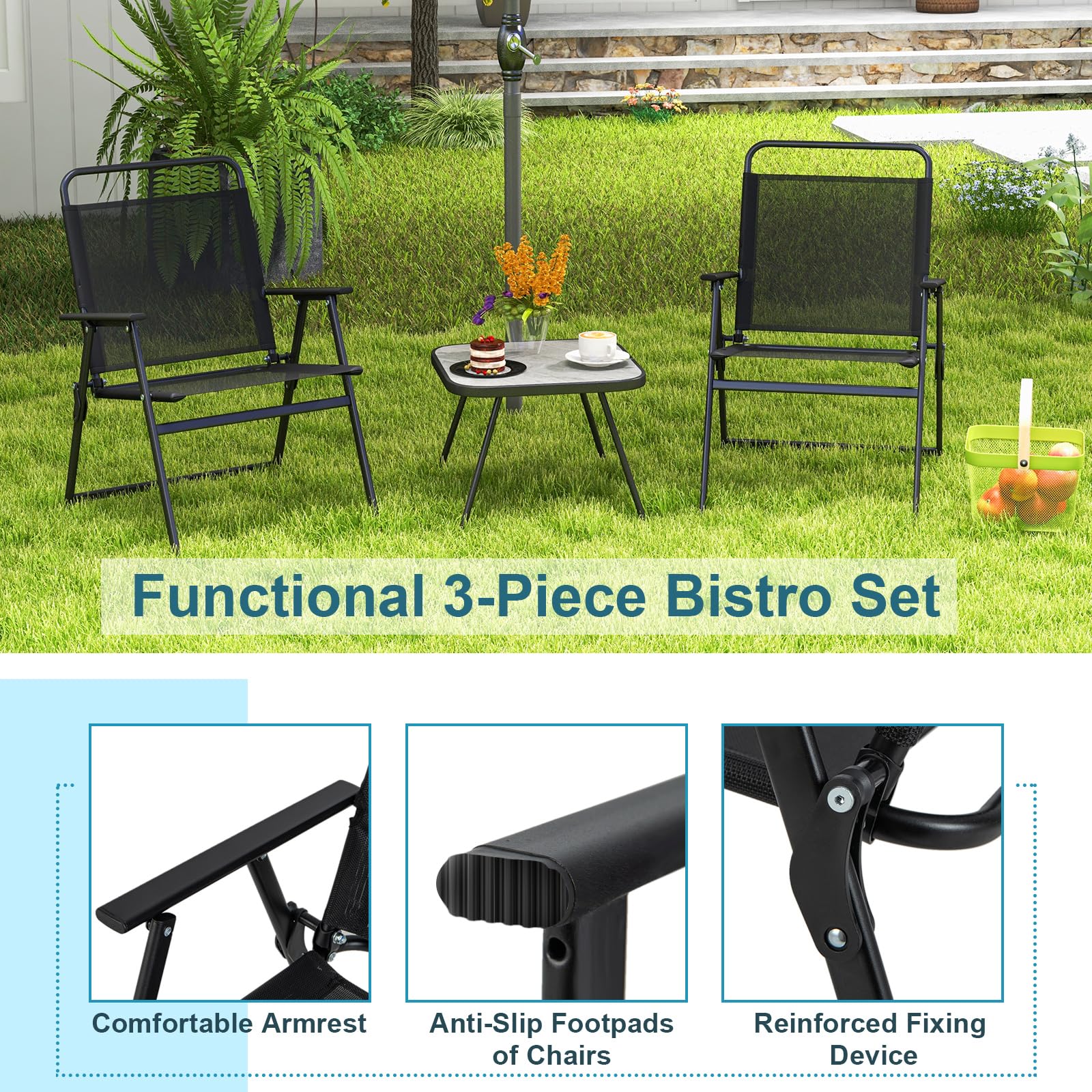 Tangkula 3-Piece Patio Fistro Set - 2 Folding Chairs with Coffee Table, Durable Steel Frame & Breathable Fabric, Compact Outdoor Furniture for Backyard, Poolside, Balcony, Garden or Patio (Black) - Perfect for Relaxing, Entertaining Guests or Enjoying Morning Coffee Outdoors