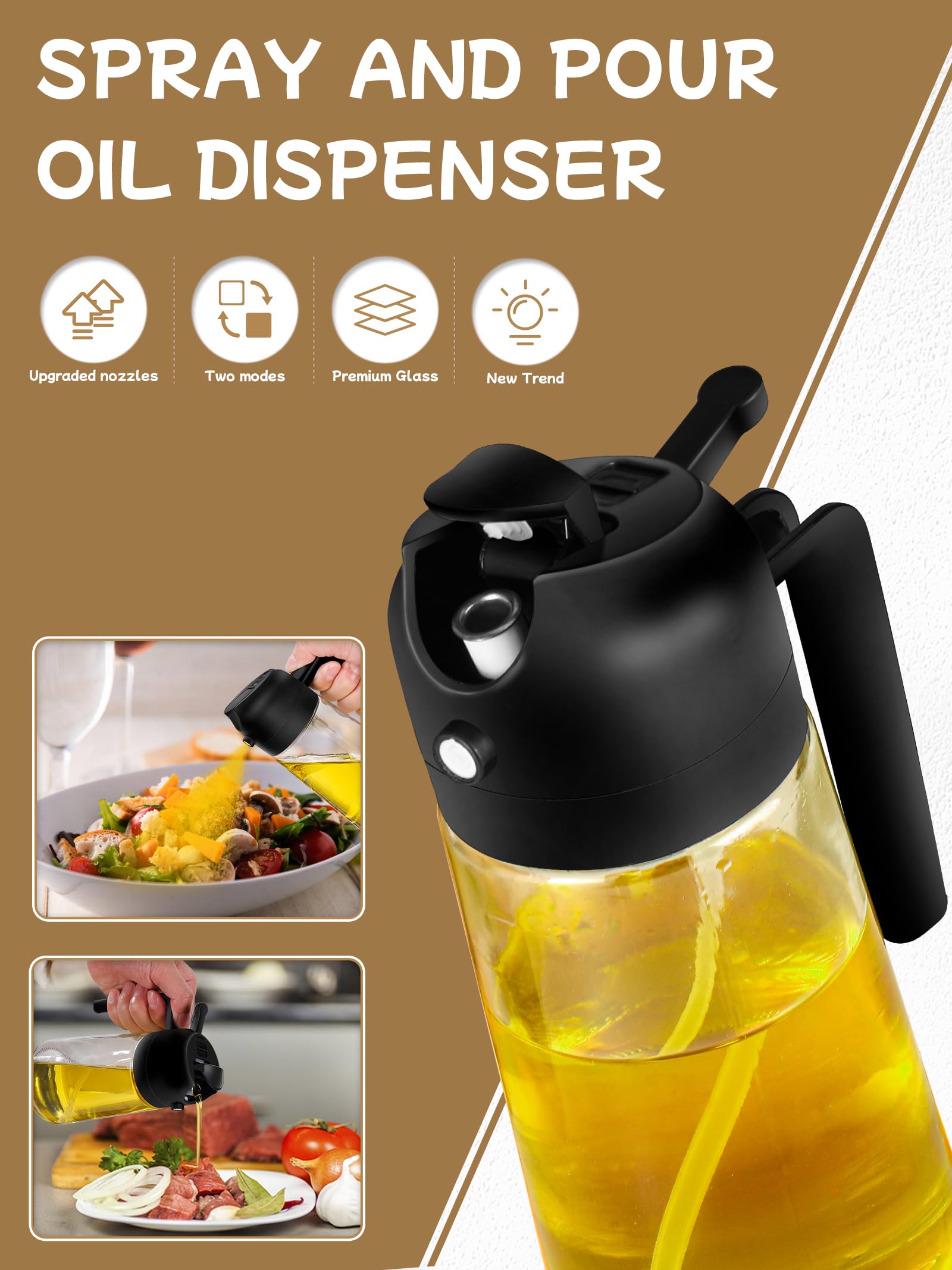 2-in-1 Oil Dispenser & Sprayer Bottle - 16oz Olive Oil Sprayer for Cooking, Air Fryer, Salad & Grill - Premium Kitchen Gadgets (2-Pack, Black) - Perfect for Healthy Cooking & Meal Prep