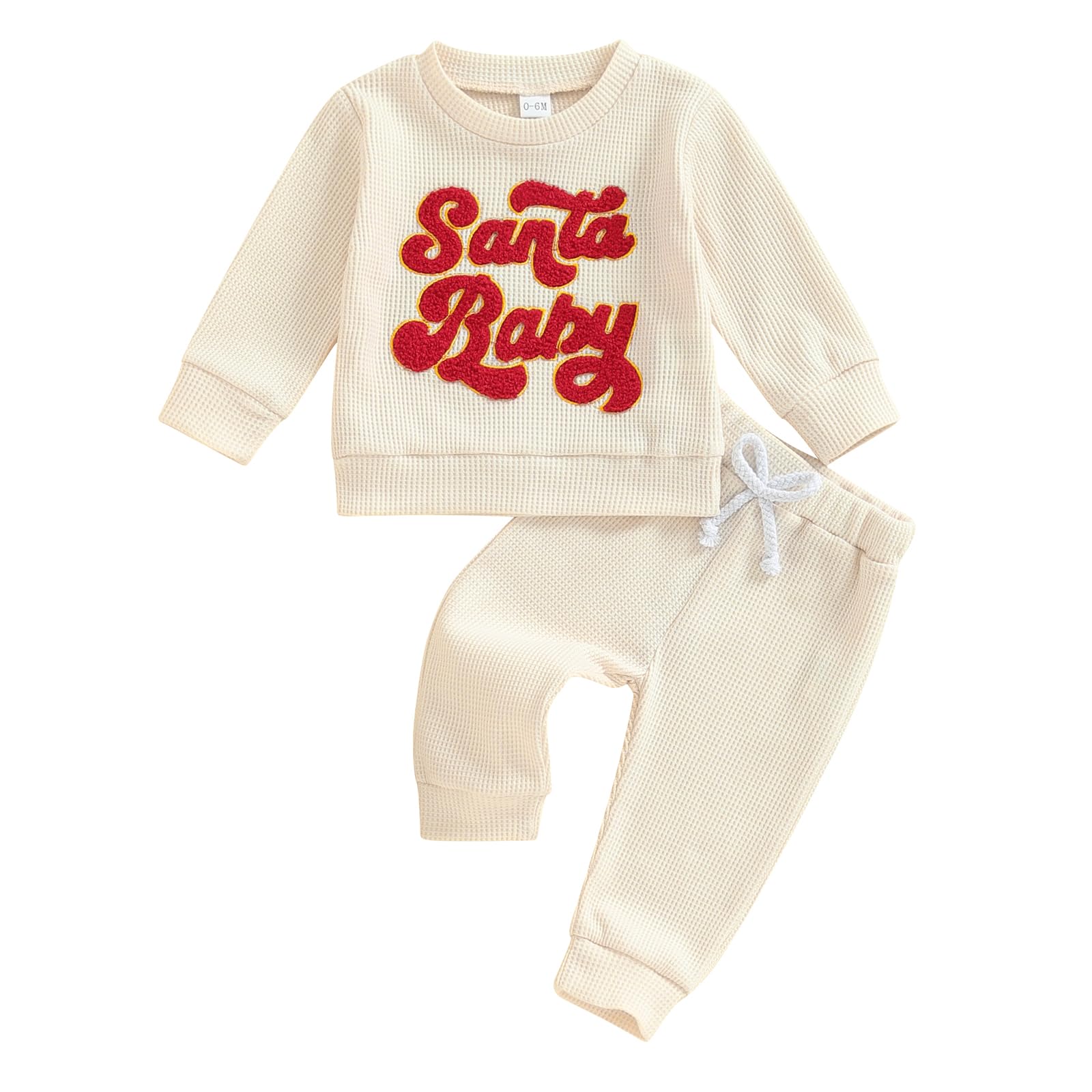 MBMSHEGH Baby Boy & Girl Christmas Waffle Outfit Set - Letter Embroidery Long Sleeve Sweatshirt with Elastic Waist Pants (2-Piece) | Holiday Family Photos & Winter Party Outfit