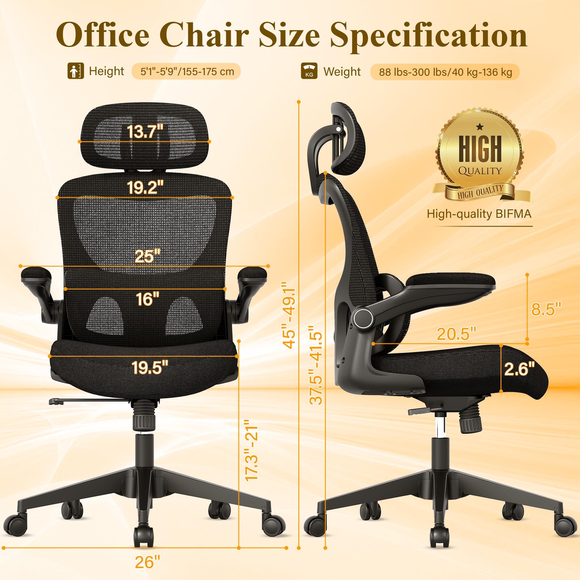 Premium Ergonomic Office Chair - High Back Mesh Computer Gaming Chair with Adjustable Lumbar Support, Flip-Up Arms & Headrest | BIFMA Certified for Home Office, Gaming & Workspaces | Tilt Function, Wide Seat Cushion & Smooth Swivel Wheels for All-Day Comfort