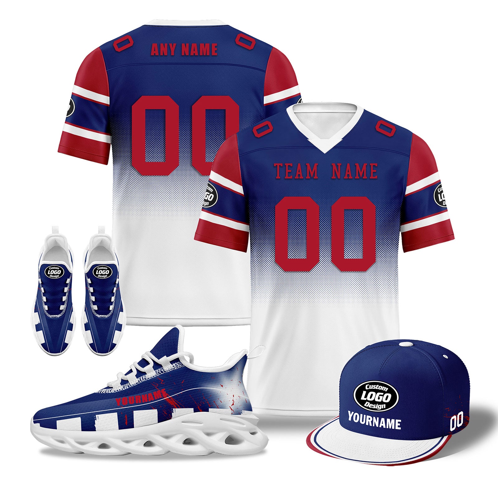 Custom Blue Red White New York Football MaxSoul Shoes and Hat Set - Personalized Sports Fan Combo for Men & Women - Perfect for Game Day, Tailgating & NFL Fan Gifts