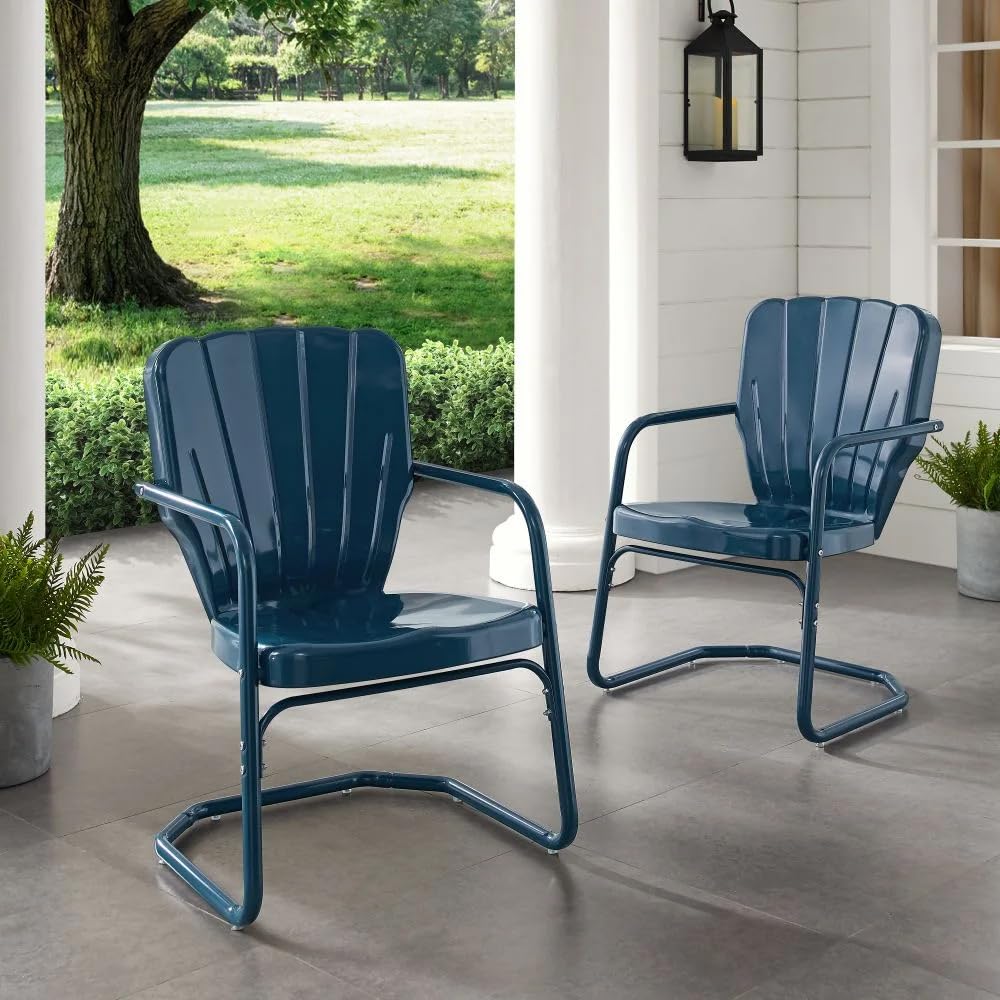 Crosley Furniture Ridgeland 2-Piece Outdoor Chair Set - Retro Metal Patio Dining Chairs for Porch, Deck, Garden & Backyard - Navy Blue