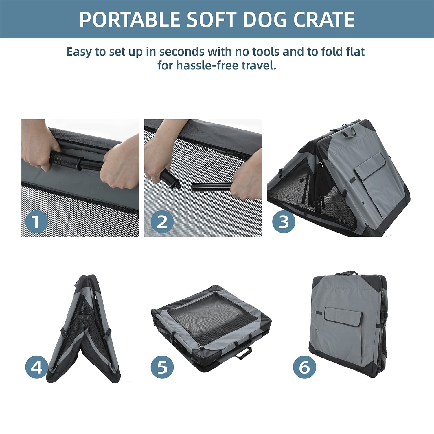Pettycare 42 Inch Large Collapsible Dog Crate - 4-Door Foldable Soft Kennel with Chew Proof Mesh Windows for Indoor & Outdoor Use | Travel, Camping & Home Pet Carrier for Big Dogs