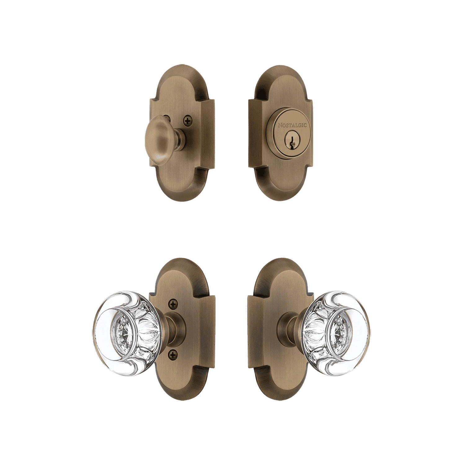 Antique Brass Cottage Entry Set with Round Clear Crystal Knob - Elegant Door Hardware for Vintage Home Decor & Farmhouse Style Interiors