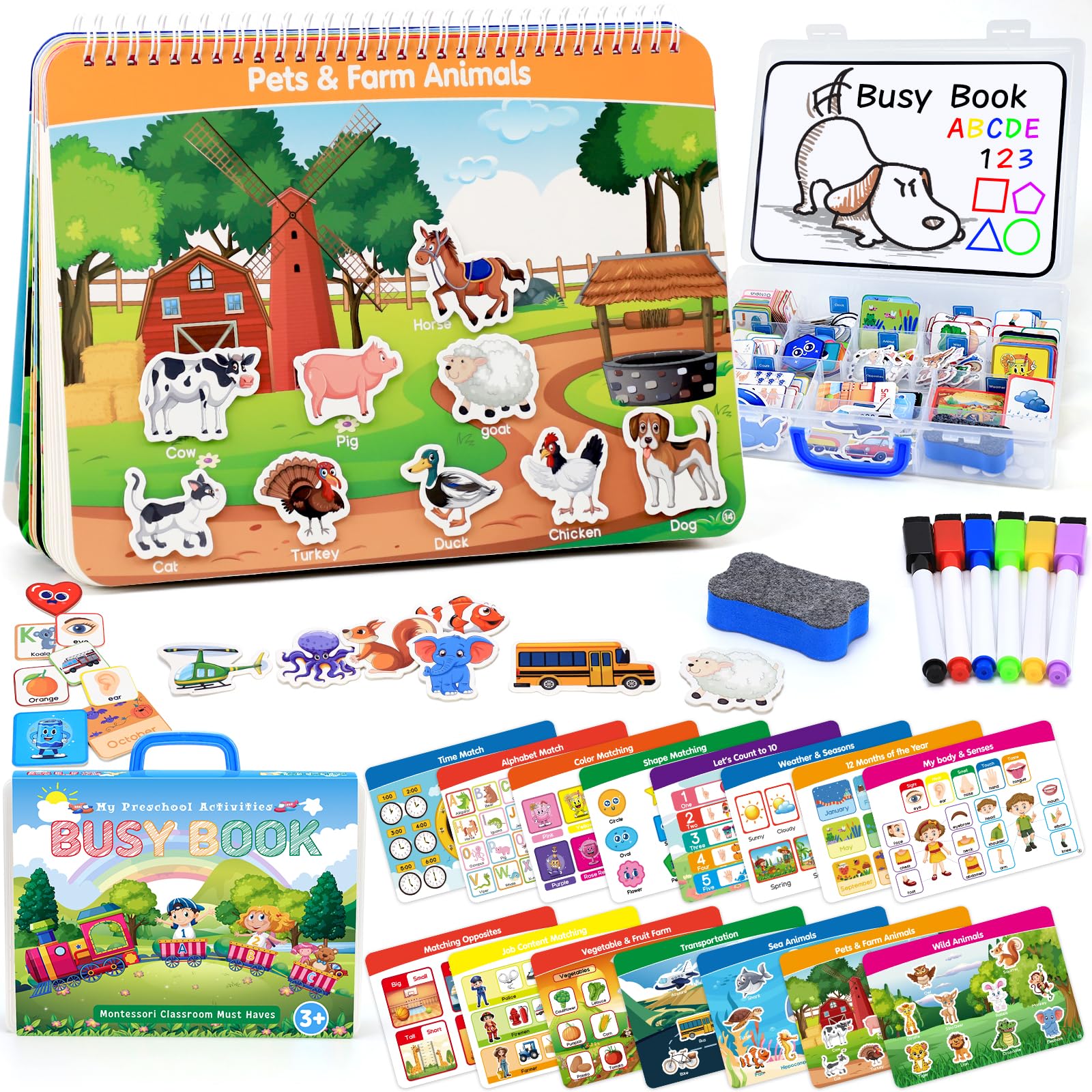 iHarPro Montessori Busy Book for Toddlers 3+ Years - Preschool Learning Activities, Autism Sensory Toys, Travel Educational Toy with Storage Box & Writing Board - Perfect for Home, Classroom & Travel Use