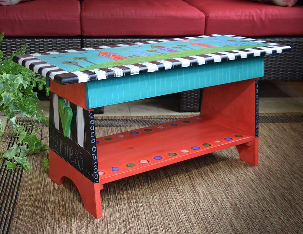 Happy Home 35 Inch Hand-Painted Teal Wood Bench - American Made, Rustic Entryway Seating, Farmhouse Style Hallway Decor