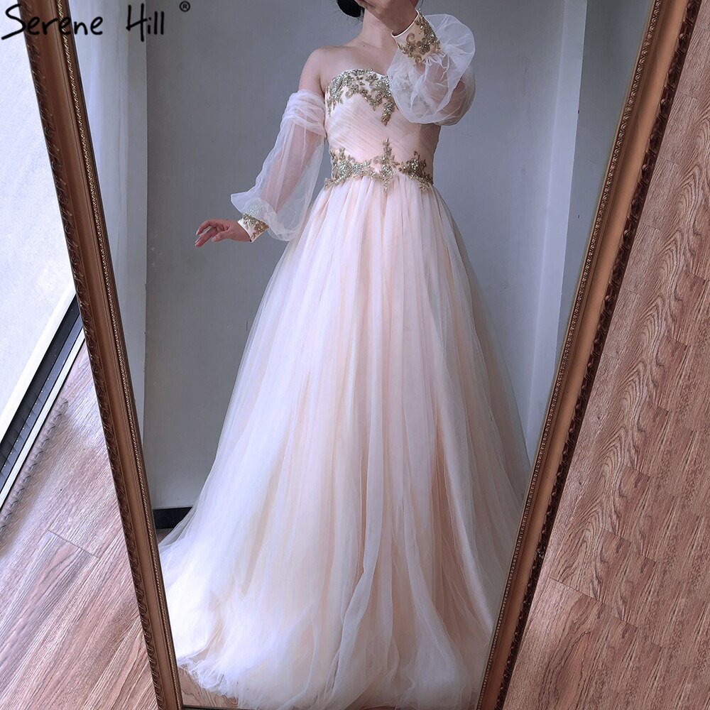Serene Hill Champagne Lantern Sleeve Sexy Wedding Dress 2025 with Beading - Custom Made Photography Bridal Gown HA2329 | Perfect for Beach Weddings, Vow Renewals & Romantic Photoshoots