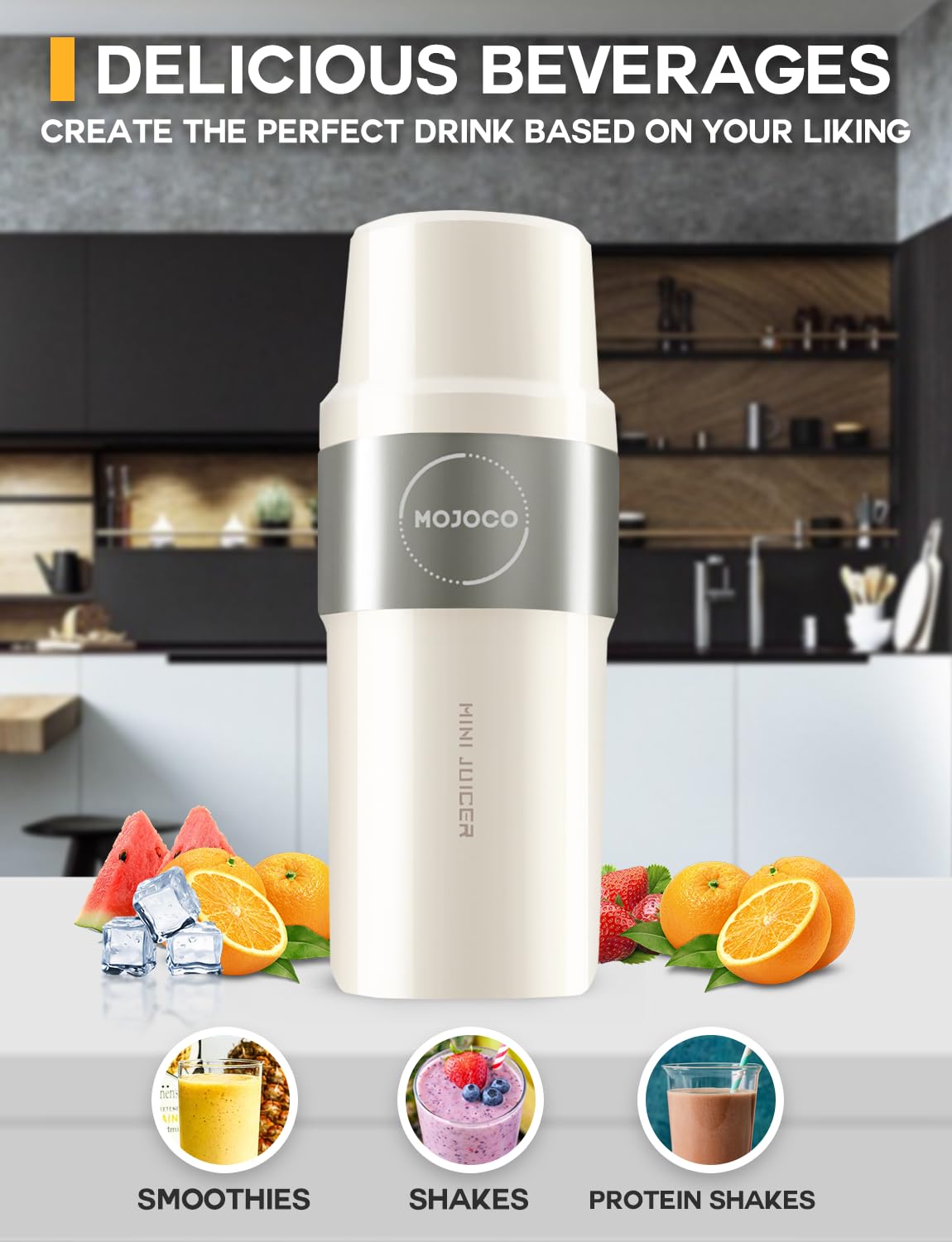 Mojoco Personal Smoothie Blender - Rechargeable Portable Blender for Fruits, Vegetables, Shakes & Smoothies - BPA-Free Food Grade Material - Perfect for Travel, Camping, Gym & Office Use