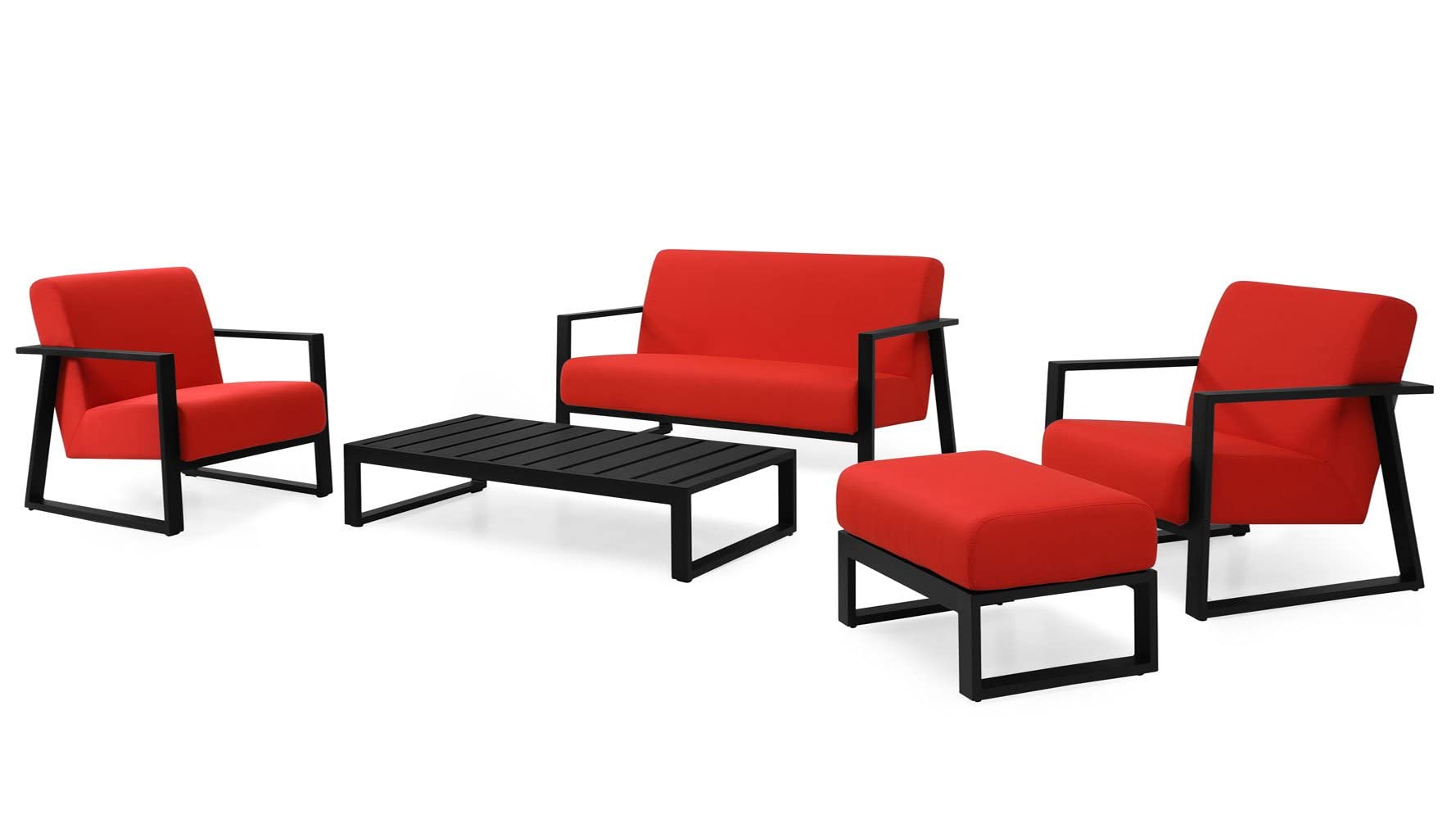 ZURI Modern Elba Outdoor Ottoman with Quick-Dry Cushions & Powder-Coated Aluminum Frame - Waterproof Patio Furniture for Poolside, Garden & Deck - Black/Red