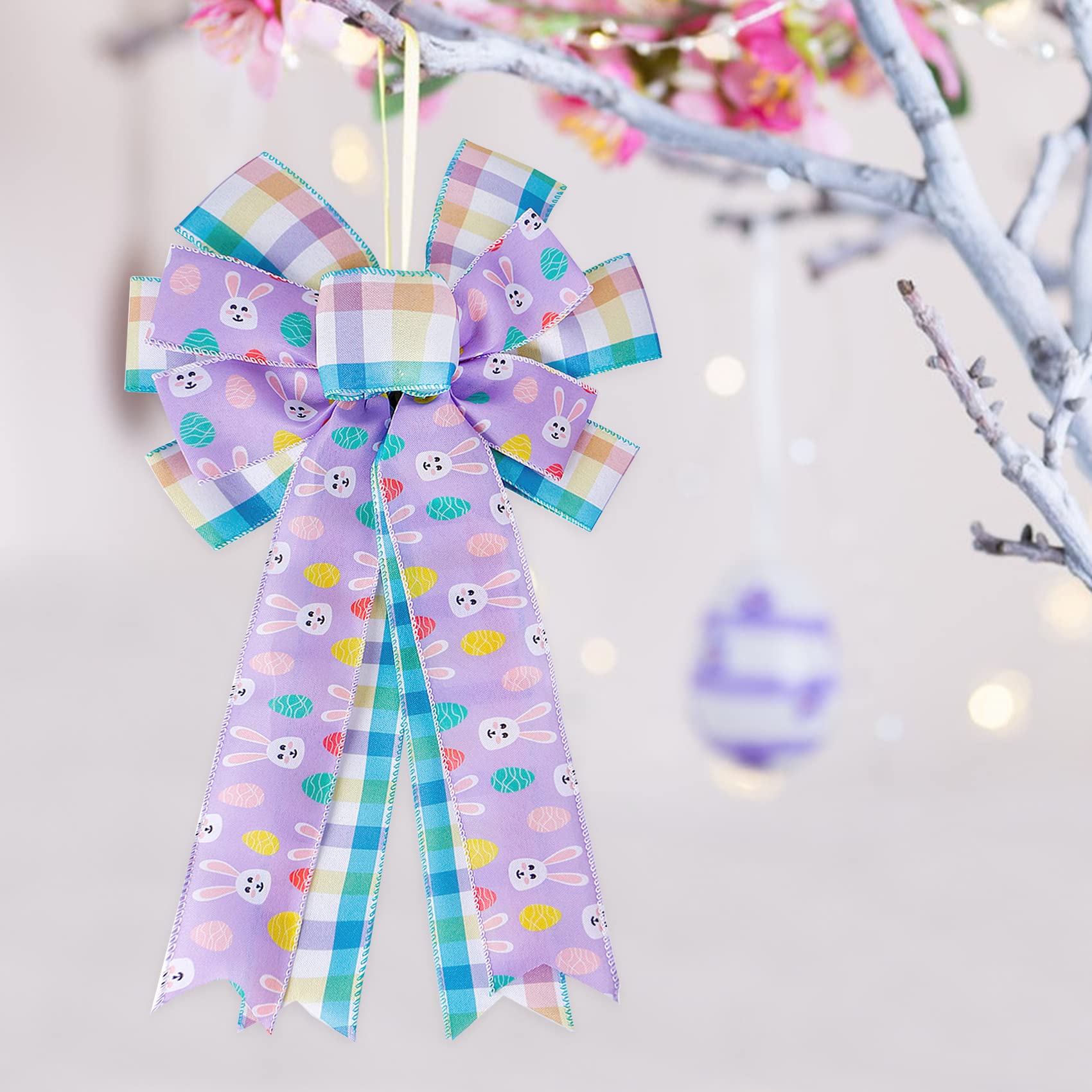 SIMISI Easter Large Wreath Bow - 11x17.7 Inch Burlap Wired Ribbon with Bunny Eggs Decor for Easter Door, Tree & Party | Spring Home Decor, Holiday Wreath Accent, Gift Wrapping Bow
