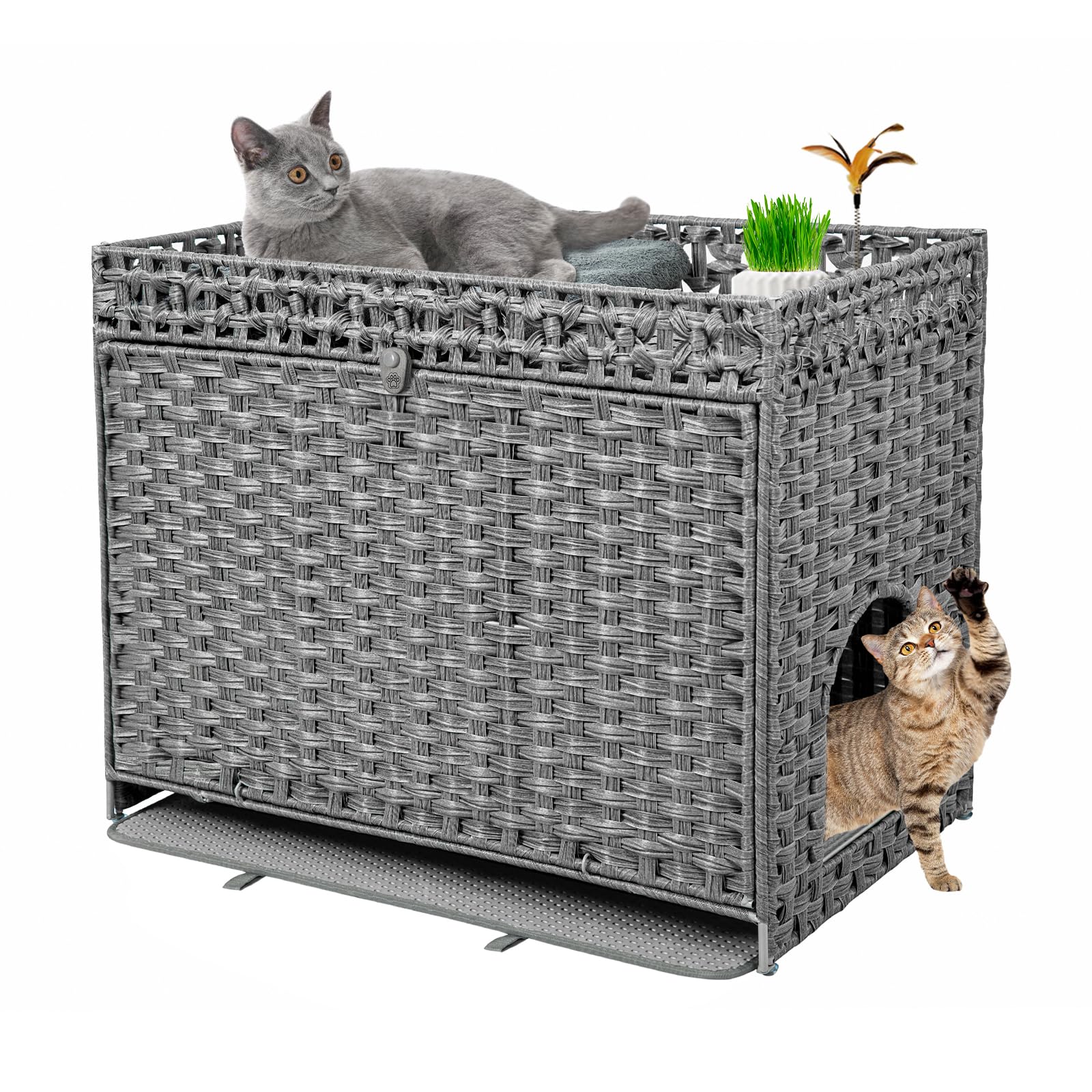 Hidden Cat Litter Box Enclosure Furniture - Large Rattan Pet House with Door for Indoor Cats | Handwoven Washroom Box with Soft Litter Mat | Grey Modern Cat Furniture for Home Decor & Odor Control