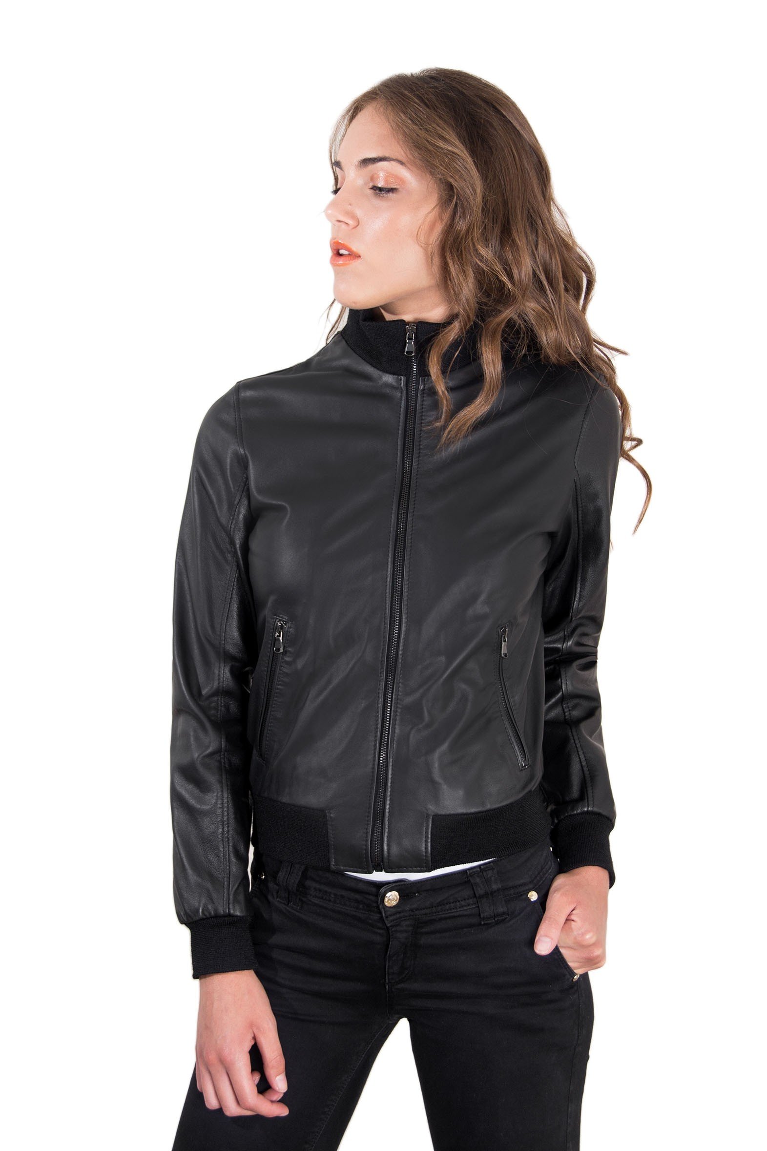 D'Arienzo Black Leather Bomber Jacket for Women | Made in Italy | Spring Motorcycle Jacket | Genuine Leather | Size XXS | Perfect for Casual Outings & Motorcycle Rides