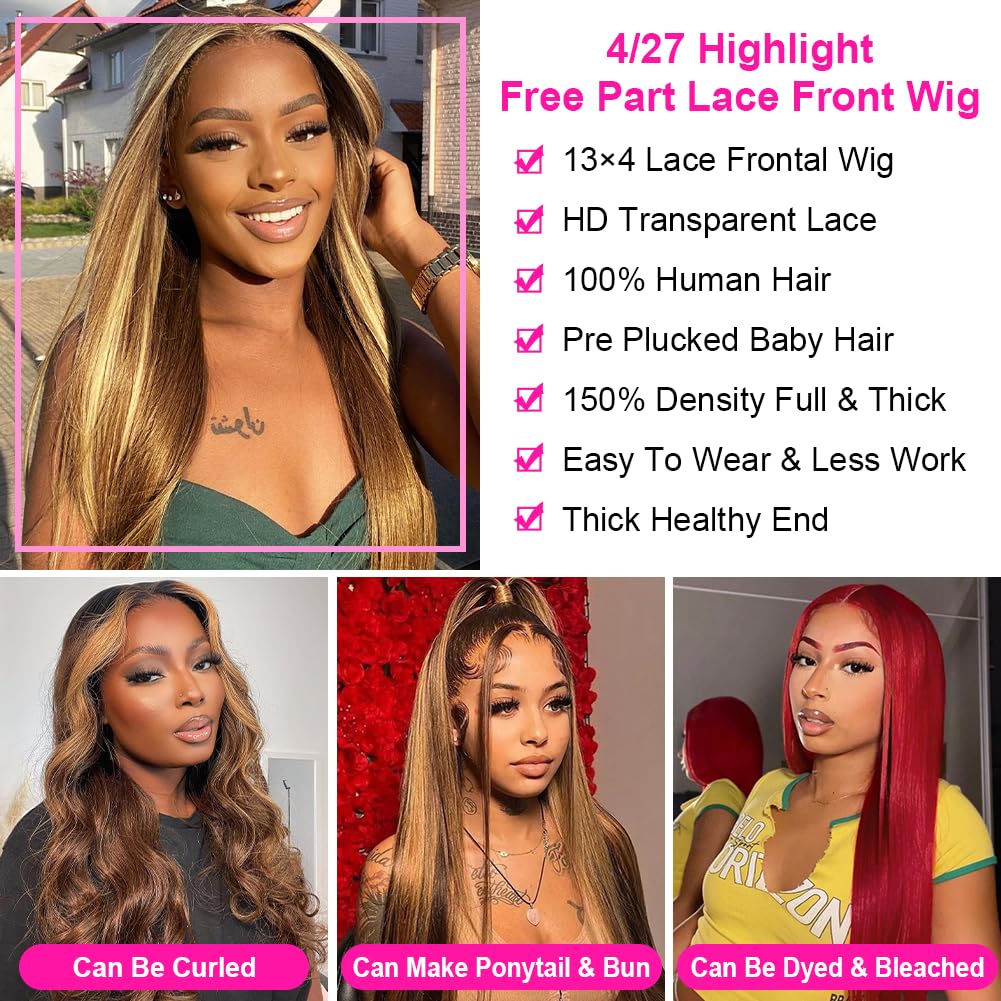 Subella HD Transparent Highlight Lace Front Wigs 180% Density Brazilian Human Hair - 4/27 Straight Pre Plucked Hairline with Baby Hair for Black Women (24 Inch) | Perfect for Daily Wear, Parties & Special Occasions