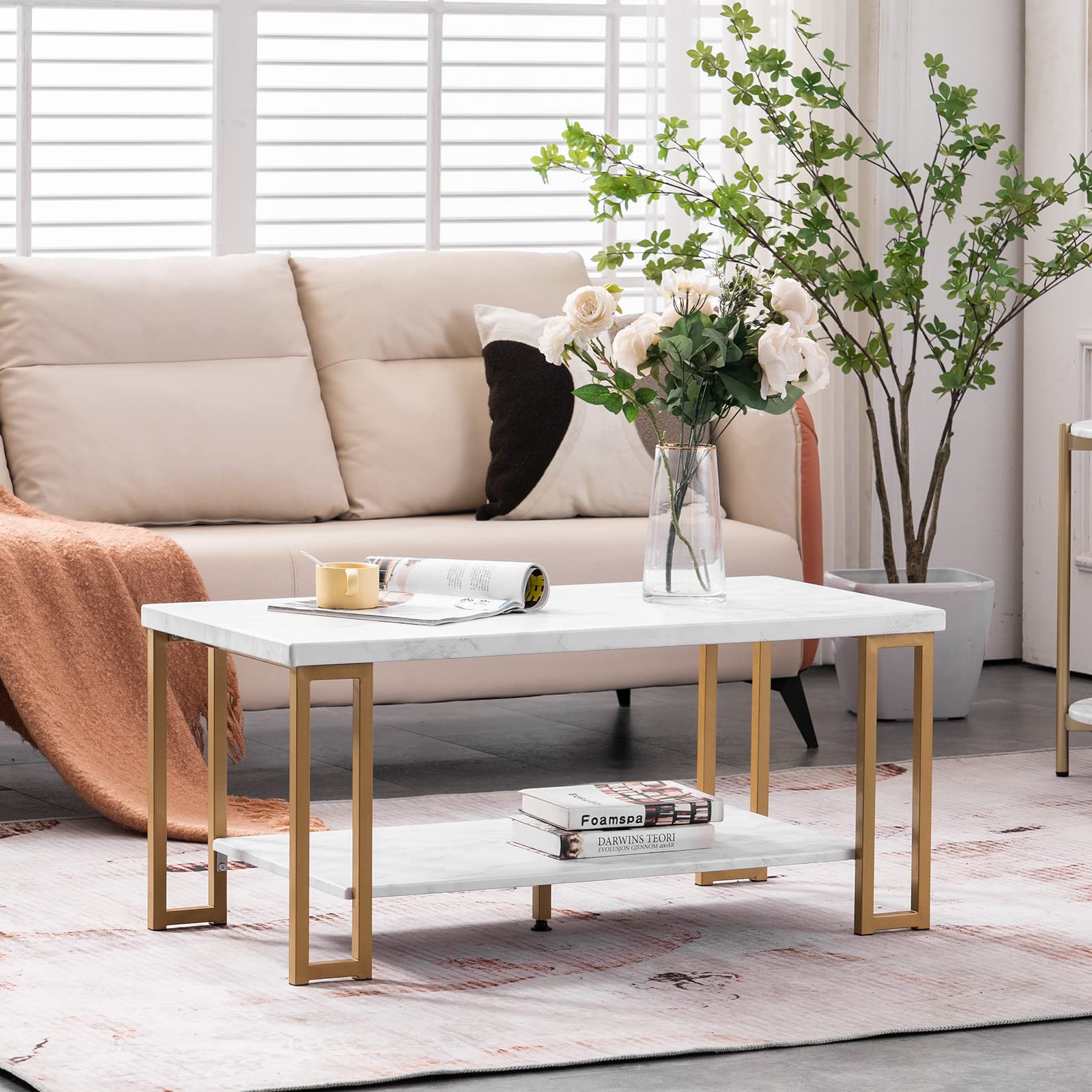 White Marble Print Coffee Table with Gold Metal Legs - 2-Tier Modern Rectangular Center Table for Living Room & Bedroom - Accent Furniture for Home Decor, Perfect for Small Spaces and Cozy Gatherings